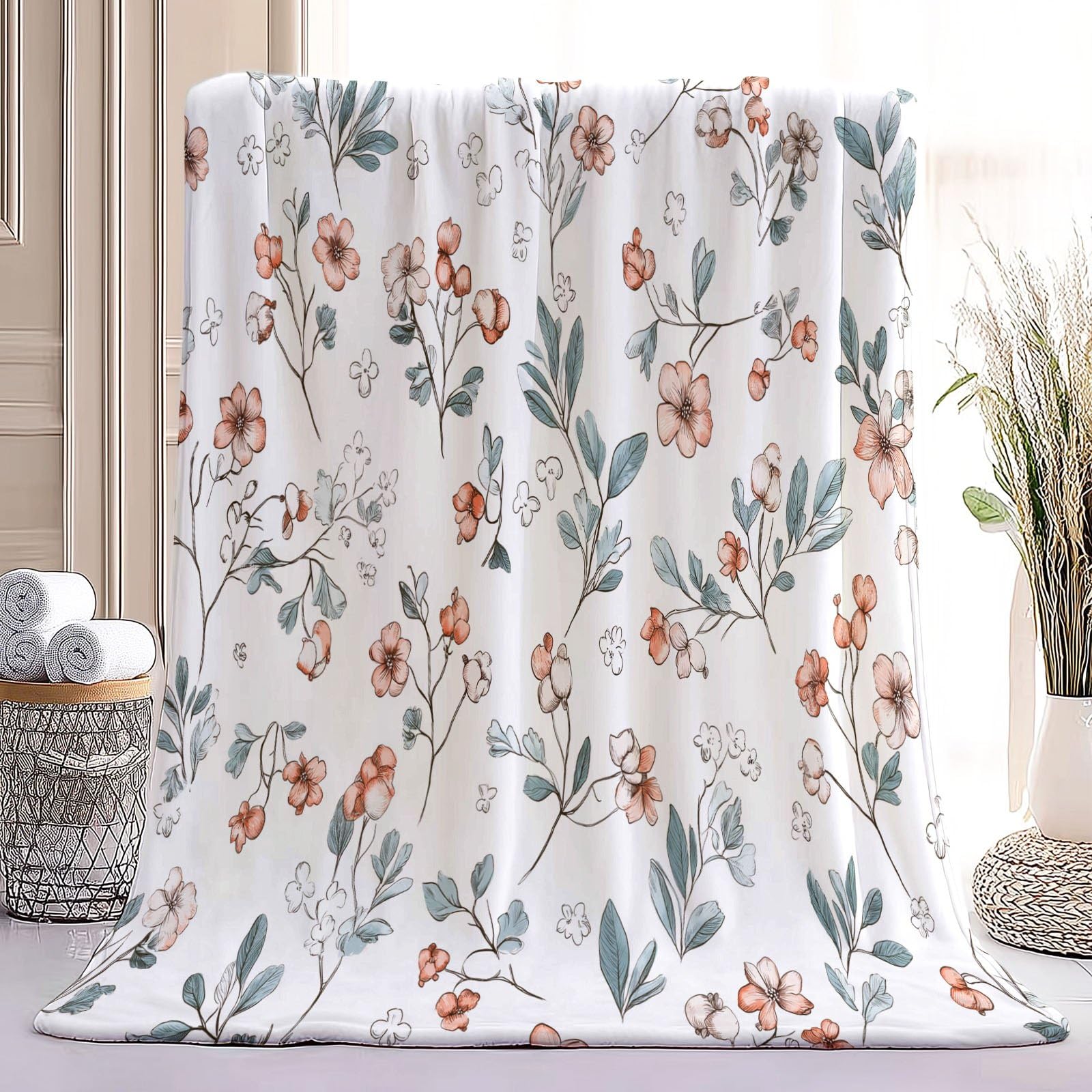 Coperta rustica in pile Sherpa con stampa floreale e piccoli fiori e piante, reversibile, 180 x 200 cm, per biancheria da letto, divano, letto, decorazione per la casa, beige e verde
