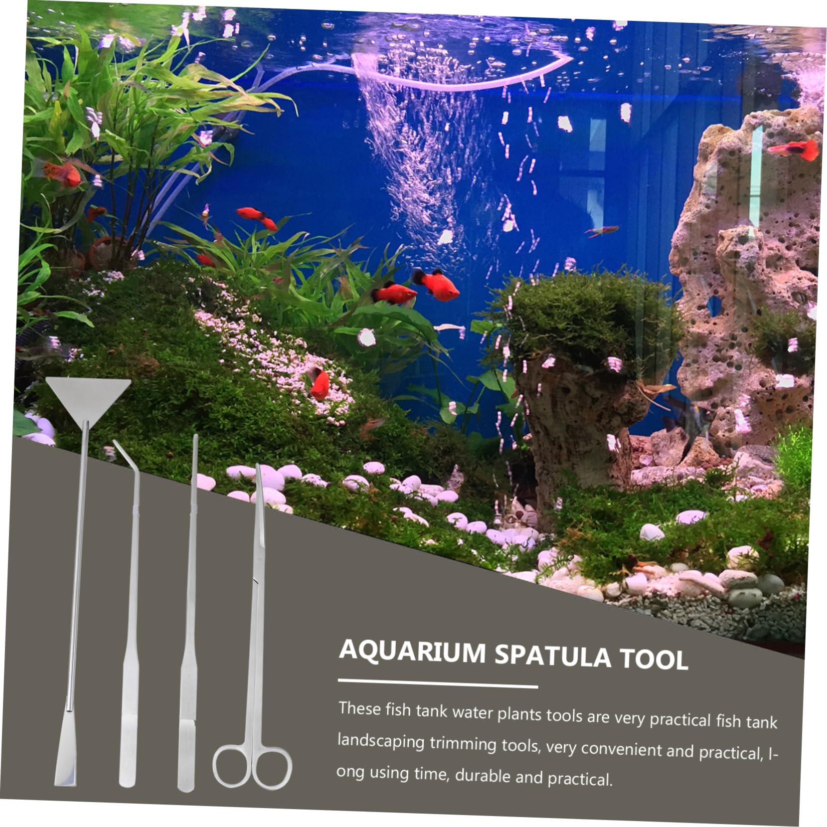 Juego de Herramientas para Acuario de Acero Inoxidable, 1 Set | Tijeras, Pinzas y Espátula, Acabado Plata, para Grava y Plantas Acuáticas