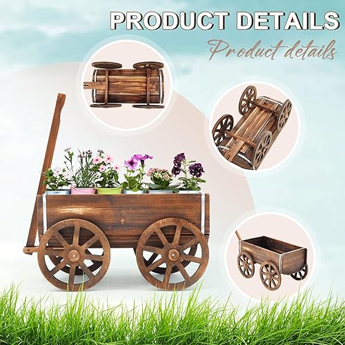 Miniatura 5 de Beeveer Maceta de madera para jardín, con ruedas de carro, carrito de flores para patio, jardín, balcón, maceta decorativa para patio, flores,