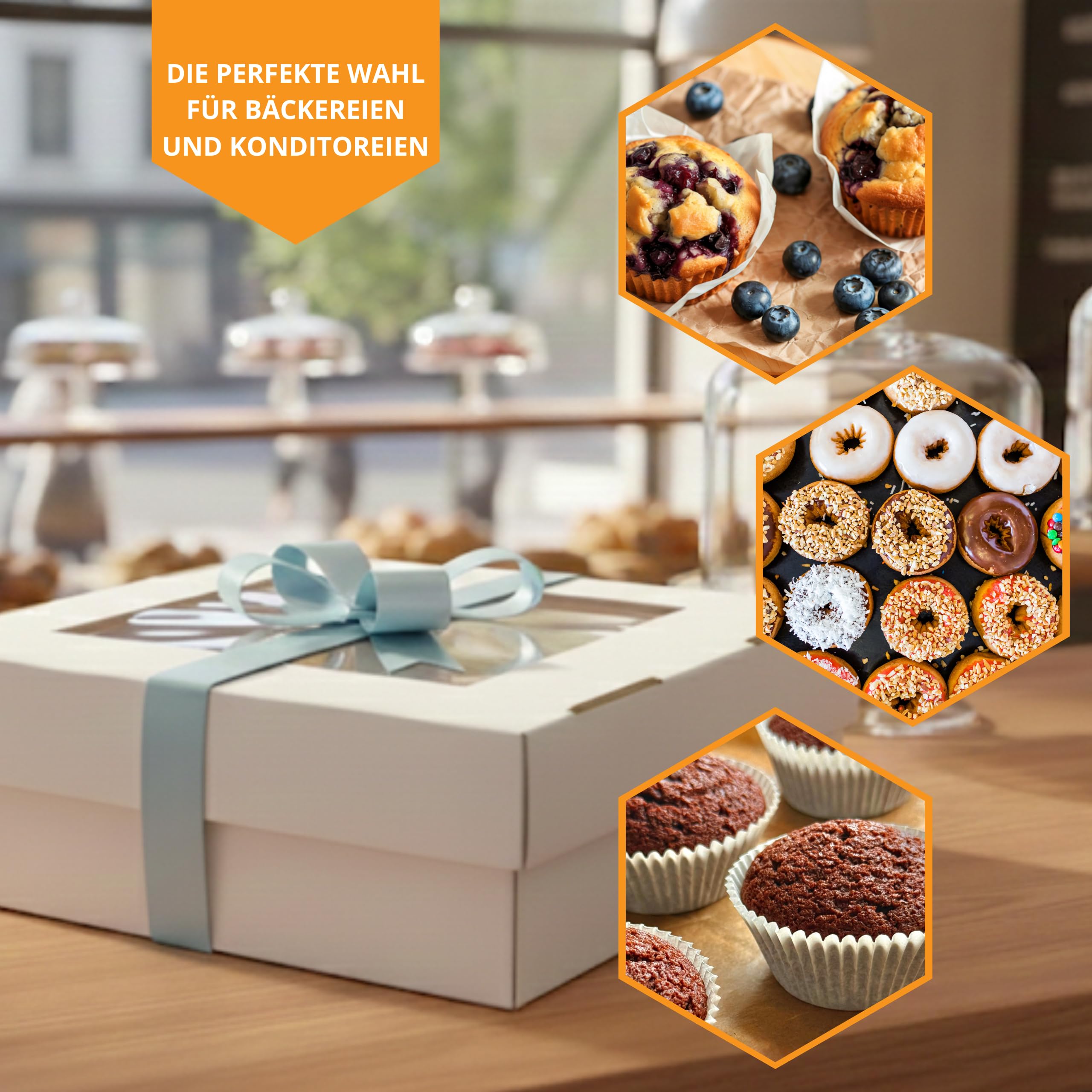 KAPAK 10er Muffin Transportbox Weiß mit Sichtfenster 30x30x10 cm - Gebäckbox für Donuts & Kuchen - Kuchenbox aus Wellpappe - Cupcake Transportbox