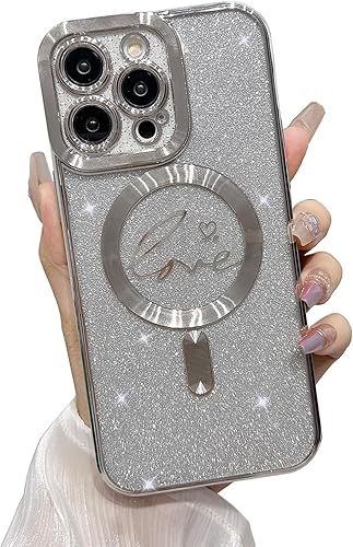 Miniatura 10 de EYZUTAK Funda magnética para iPhone 13, con purpurina brillante de lujo, diseño de corazón chapado en lindo patrón de corazón, compatible con