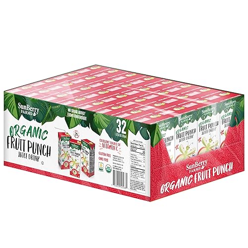 Sunberry Farms Bebida orgánica de jugo de fruta ponche  Paquete de 32 (6.75 onzas líquidas cada uno)  USDA Orgánico  Sin azúcar añadido  Sin gluten