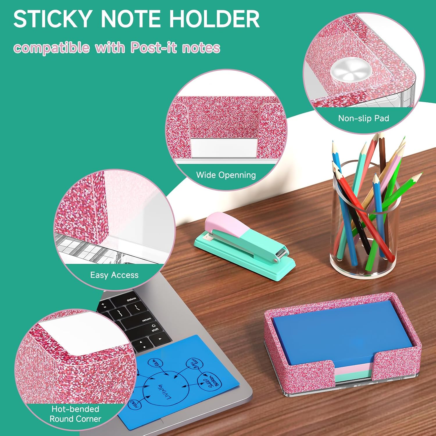 Sticky Note Holder, Glitter Pink Acrylic Notepad Holder 4x6 in Self-Stick Note Dispenser Office Desk Accessories, Memo Pad Holder Organizer for Classroom School Supplies image 4