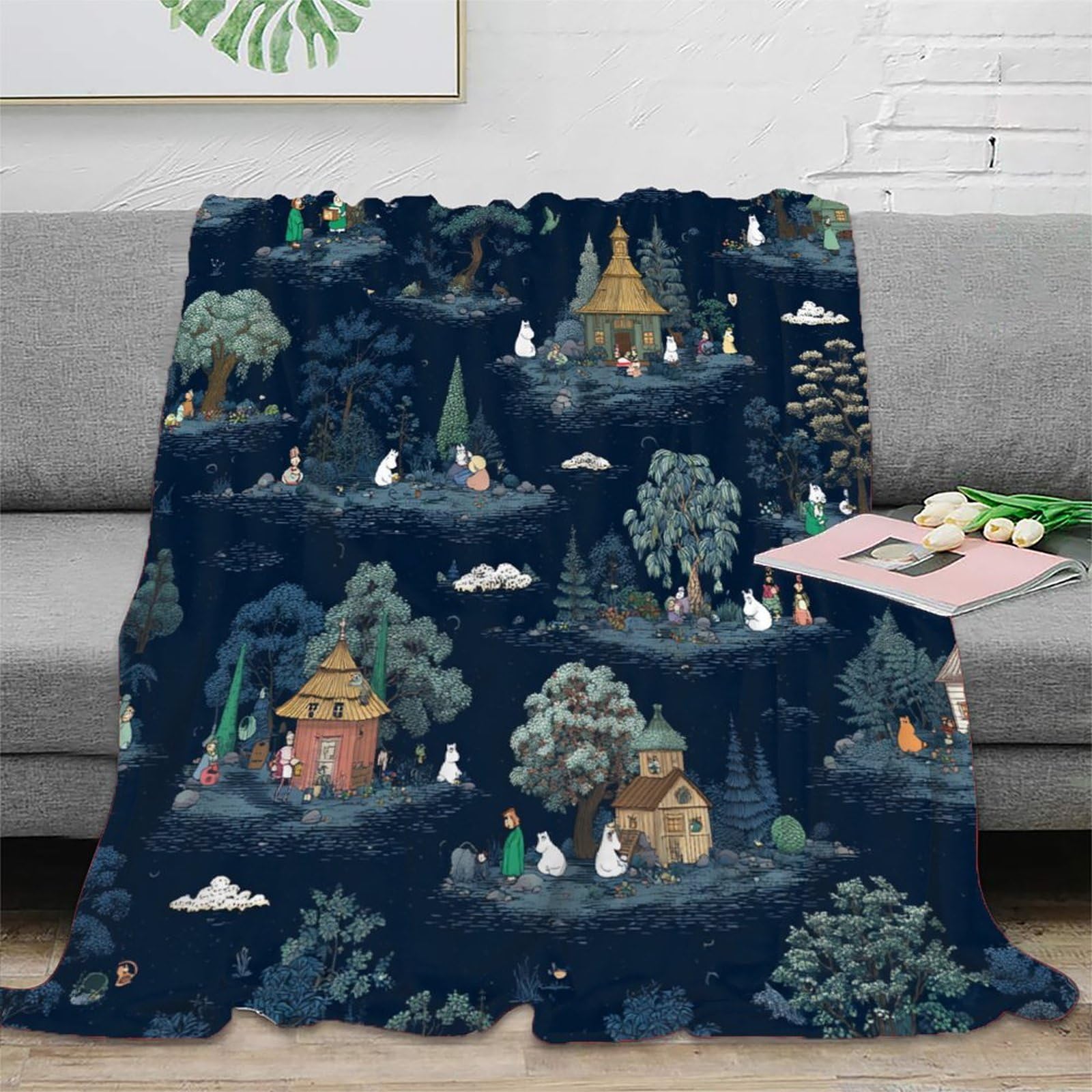 Otbsdnkzz Xu58dcv122e2 3D Printed Moomin Characters Travel Blanket Microfiber Soft Cosy Bedding Warm Whimsical Forest Scene Fluffy Blanket Machine Washable No Shedding For Couples Families Guests 50X60inch(127X152cm)
