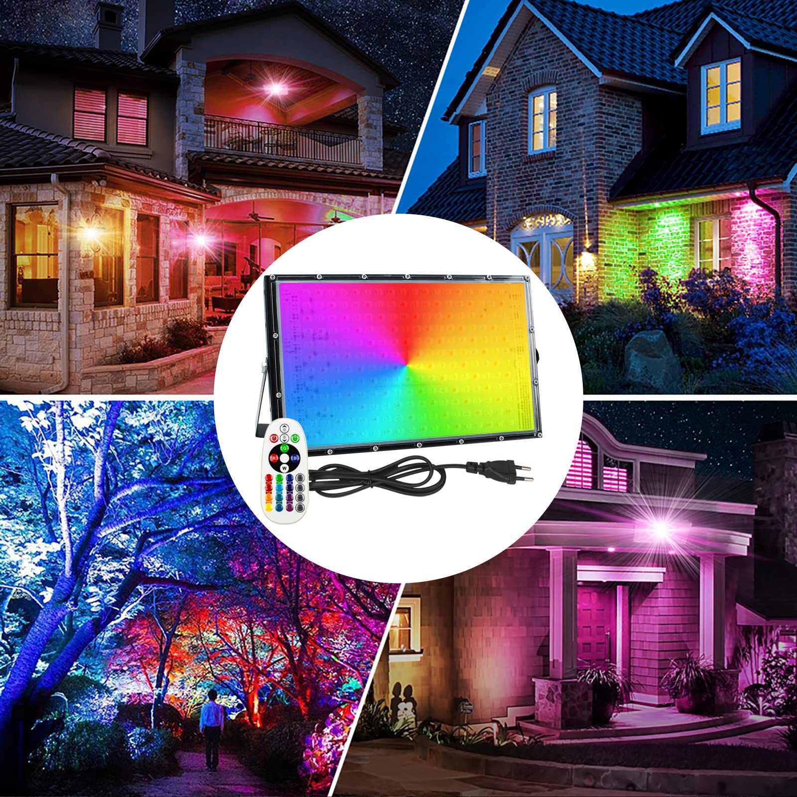 Eleganted Foco LED RGB para exteriores, 150 W, 2 unidades, superbrillante, con enchufe, IP65, resistente al agua, para patio, jardín, garaje, campo deportivo