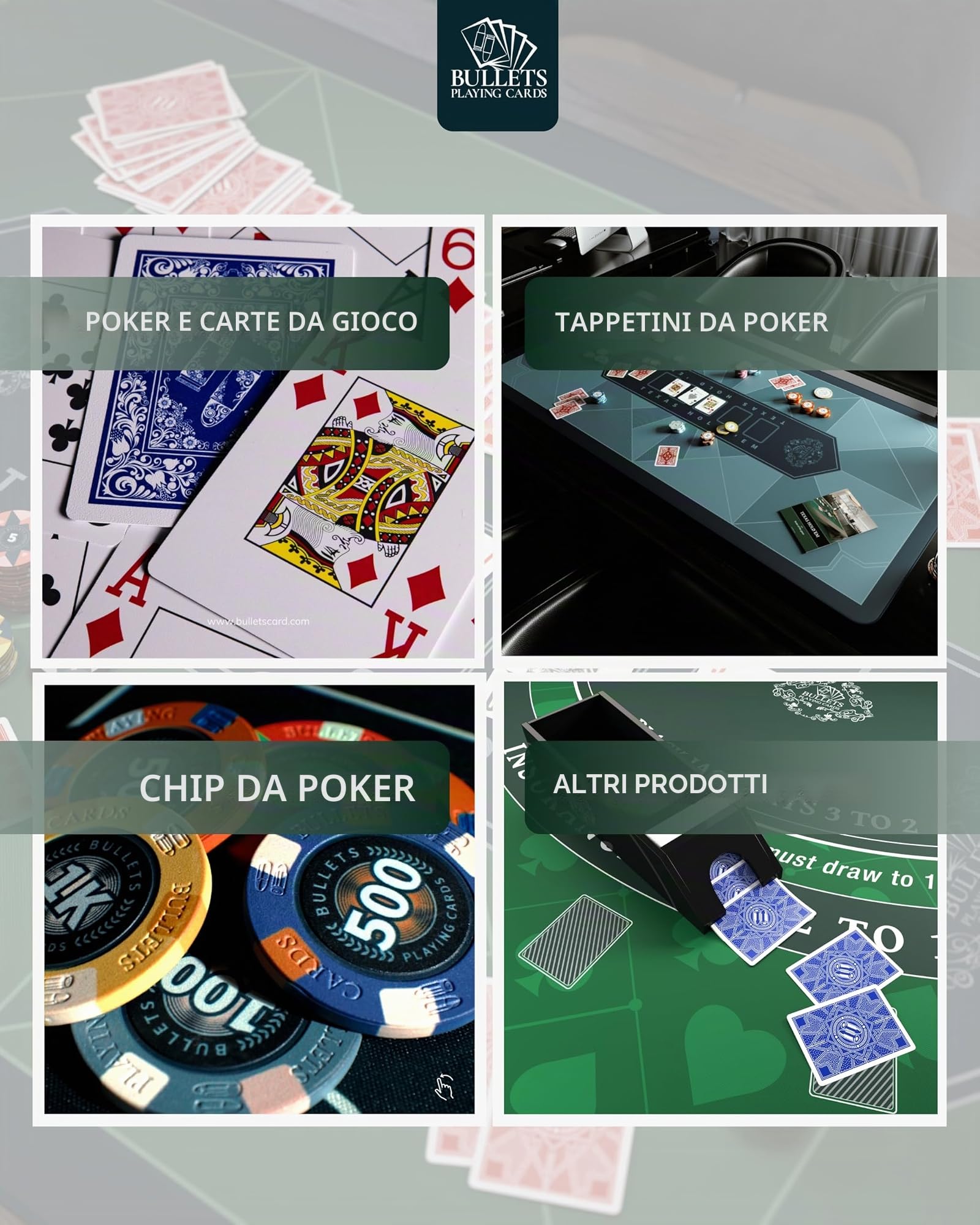 Bullets Playing Cards, Valigetta da Poker Tony | 500 gettoni in Argilla, 2 Giochi di Carte Blu e Rosso, 5 dadi, 1 Pulsante Dealer in ceramica, 1 libretto con le regole del Gioco