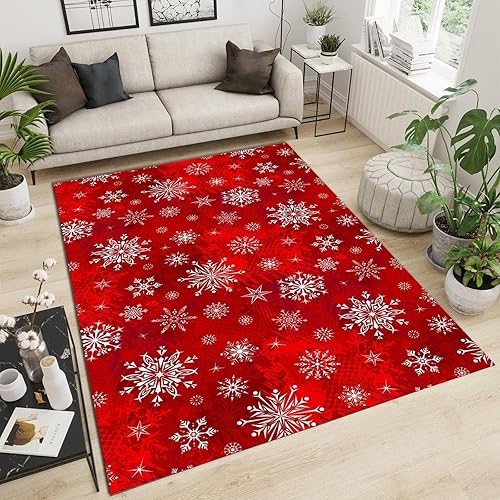 Alfombras de invierno con diseño de copo de nieve de color rojo de Navidad, alfombra de impresión antideslizante para interiores, alfombra para