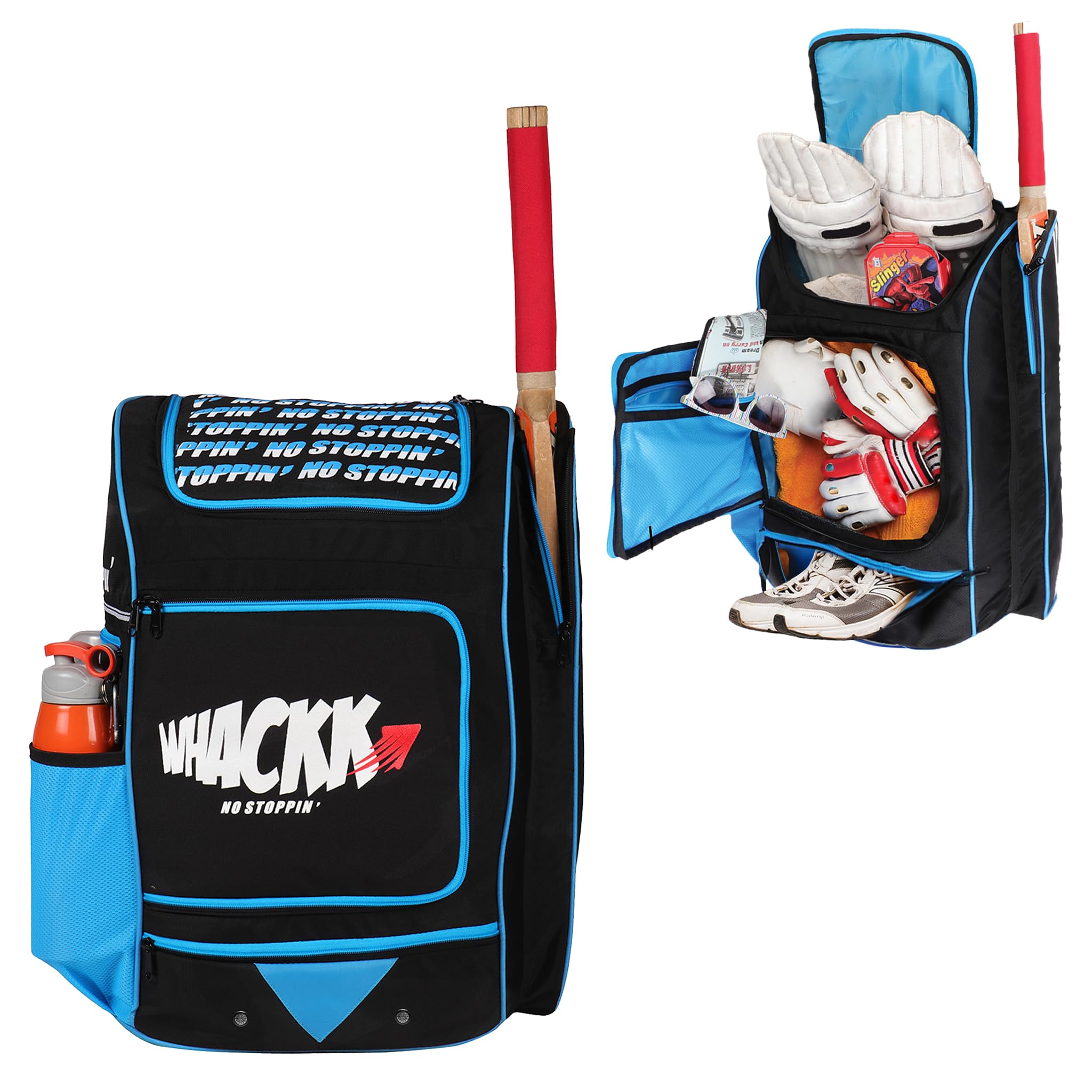 Blast Junior 37L|Cricket Kit Bag |1 Pocket for Bat |2 Water Bottle Holders|Upto 10yrs Kids Kitbag |Leg pad Upto 12.5 "|Shoe & Accessories Pockets |Lightweight |Dual Opening (Black Blue)