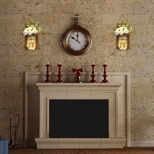 Miniatura 4 de LIGHTESS Aplique de pared con tarro de albañil con decoración de madera de flores, luces LED de hadas rústicas, lámpara de pared para decoración del
