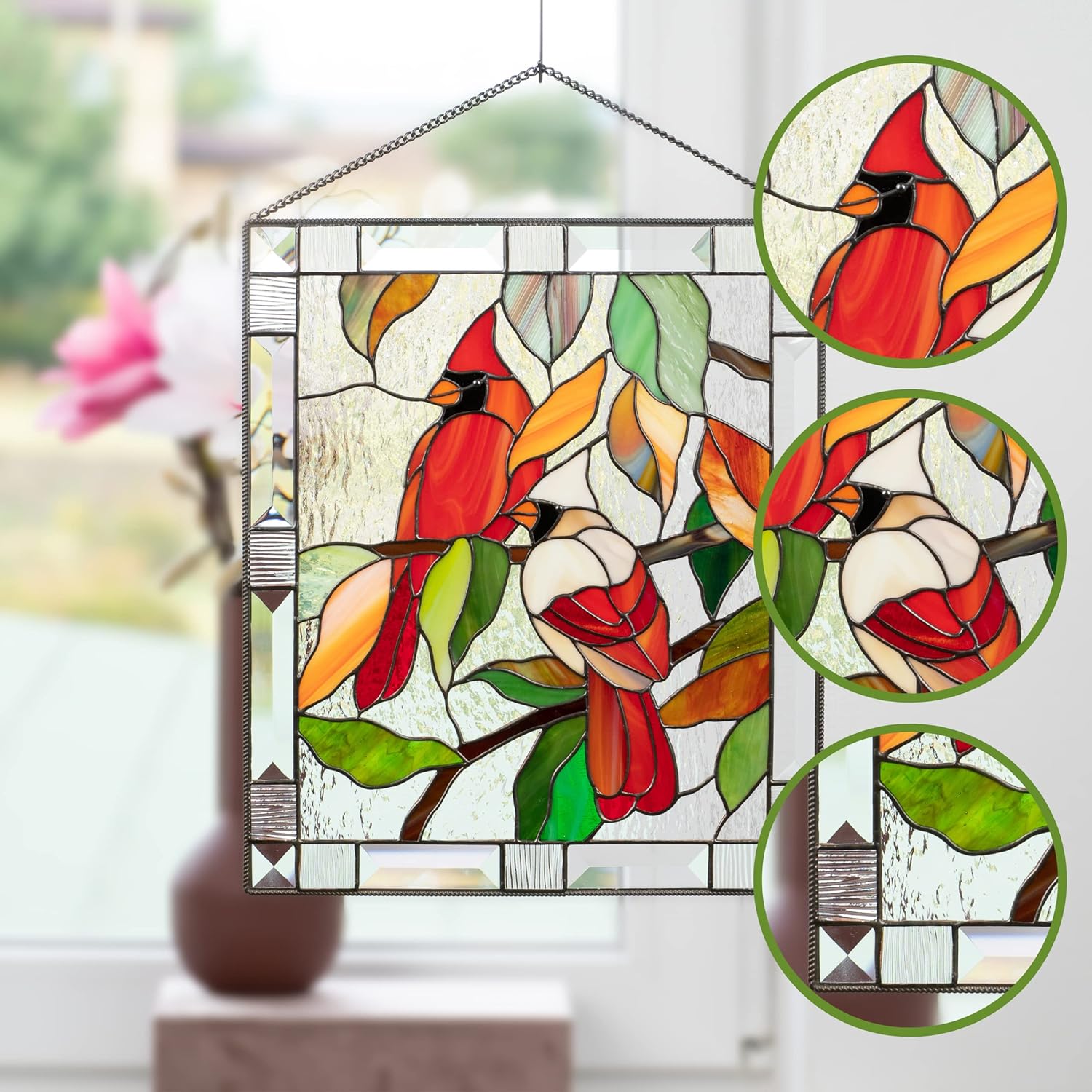 Red Cardinals Bird Stained Glass Window Hanging Panel Tiffany Glass Art Handicrafts for Home Decor Genuine Living Room Design Idea (Couple M+F)