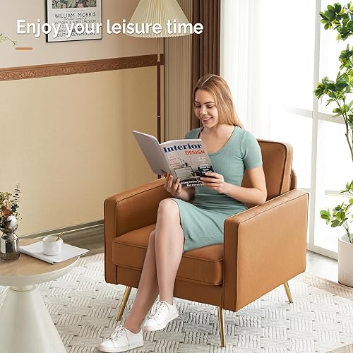 Miniatura 2 de VINGLI Silla moderna de piel sintética para sala de estar, dormitorio, cómoda silla con brazos, silla de lectura con patas de metal dorado y asiento
