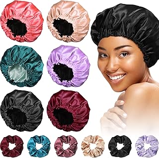 6 Sets Satin Bonnet for Women Silky Bonnet with Satin Scrunchies Silky Reversible Sleep Satin Cap Double Layered Satin Sle...