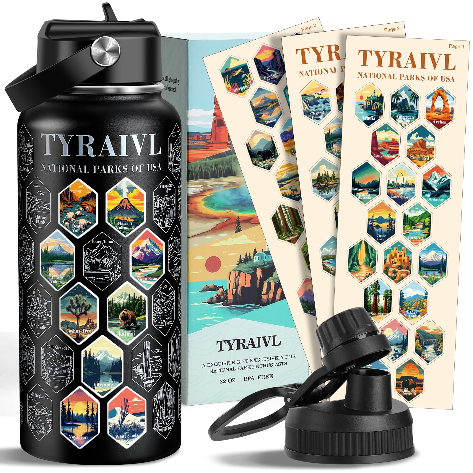 National Parks Water Bottle with Stickers Birthday Gifts for Men and Women 32oz Wide Mouth Leakproof Stainless Steel