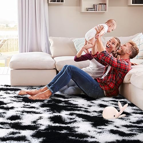 Miniatura 7 de COZYLOOM Shag Rug - Alfombra de felpa suave de 8 x 10 pies, color negro y blanco, moderna, teñida, para la habitación de las niñas, arco iris, pelo