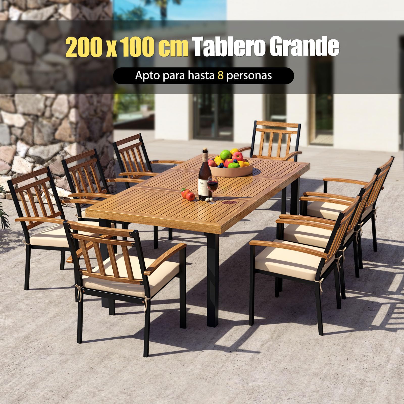 COSTWAY Mesa Jardin Exterior de Madera Acacia, 200 x 100 cm, Mesa Comedor Exterior para 8 Personas, Orificio para Sombrilla, Mesa Rectangular Terraza Balcon Jardin, Natural y Negro