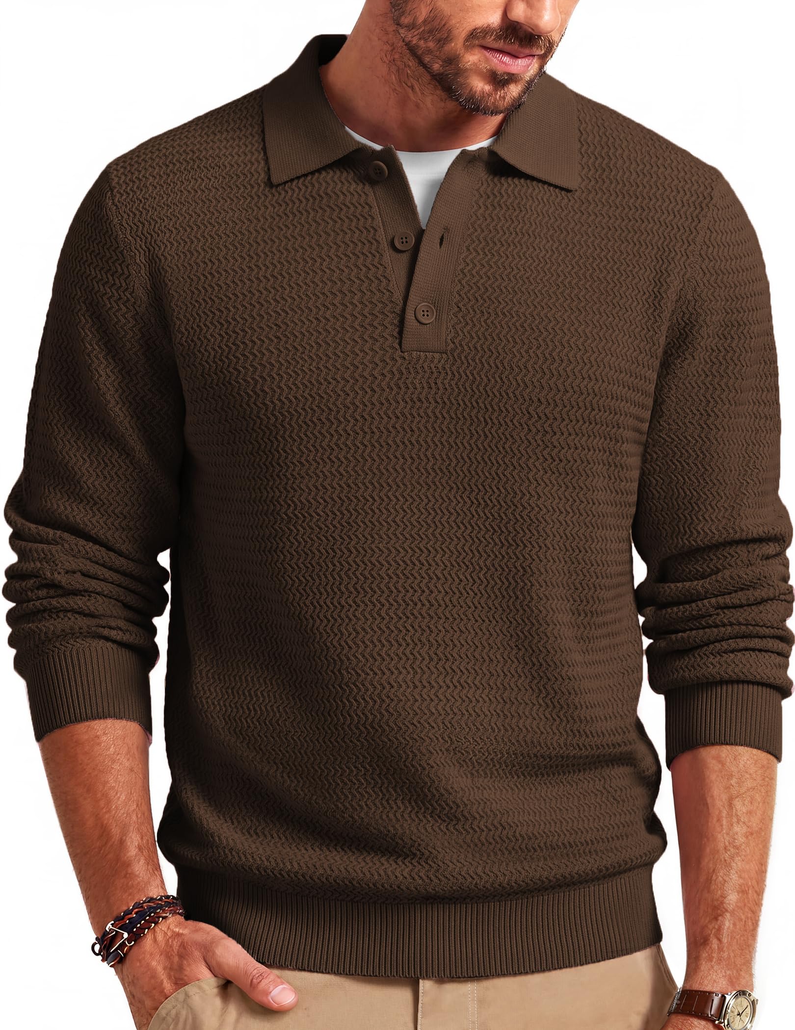 COOFANDY Men's Sweater Long Sleeve Knitted Polo Textured Casual Pullover