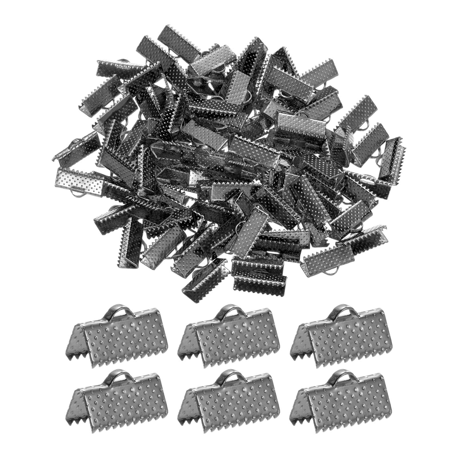 M METERXITY 280-Pack Ribbon Ends with Clamps, 0.6in/16mm Metal Bracelet Bookmark Pinch Crimp Clamp Polka Dots for Jewelry Making/Bracelets/Necklaces/DIY, Pinch Cord End Clasps [Black]