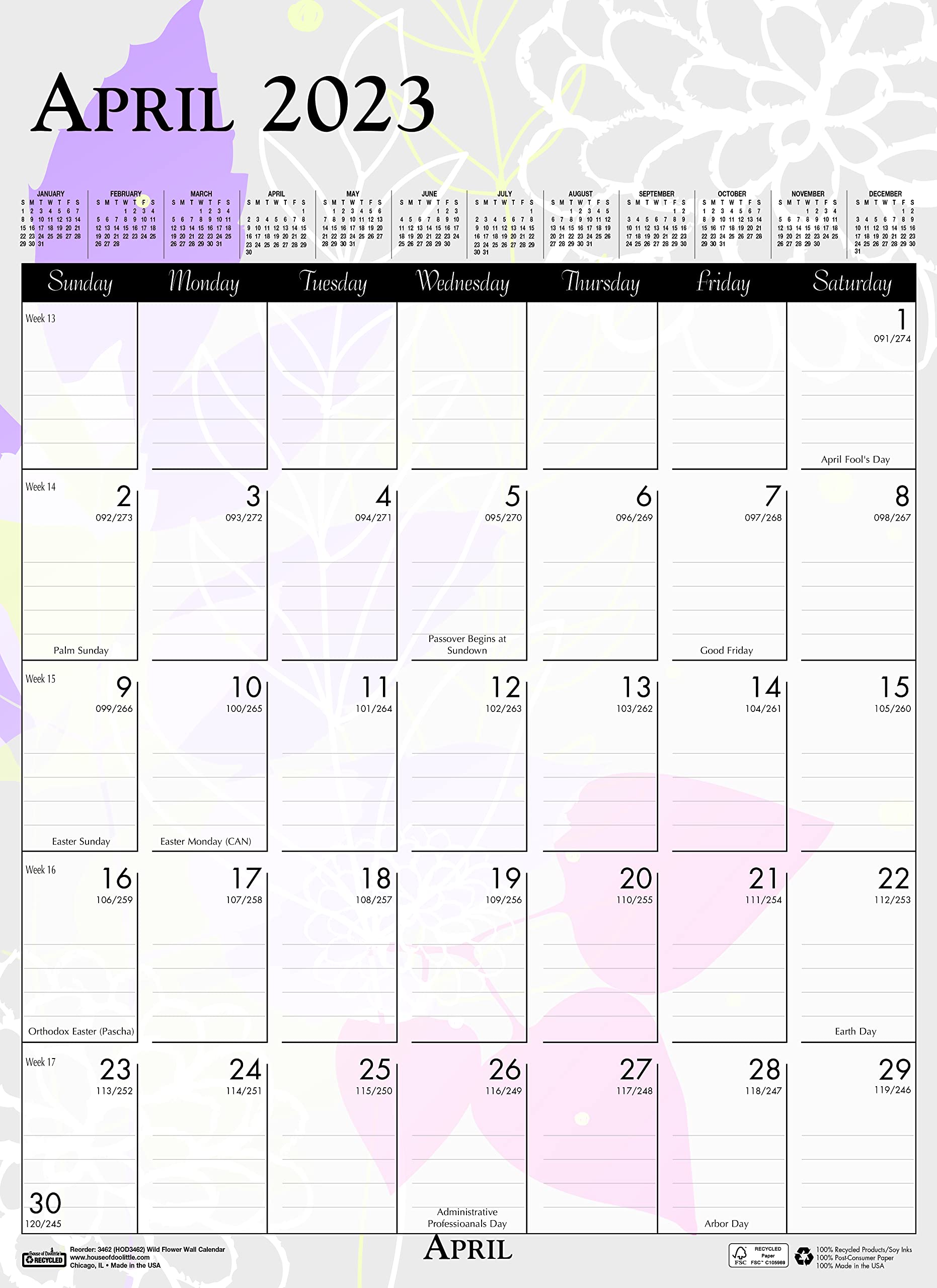 House of Doolittle Monatlicher Wandkalender 2023, Wildblume, 30,5 x 41,5 cm, Januar - Dezember (HOD3462-23)