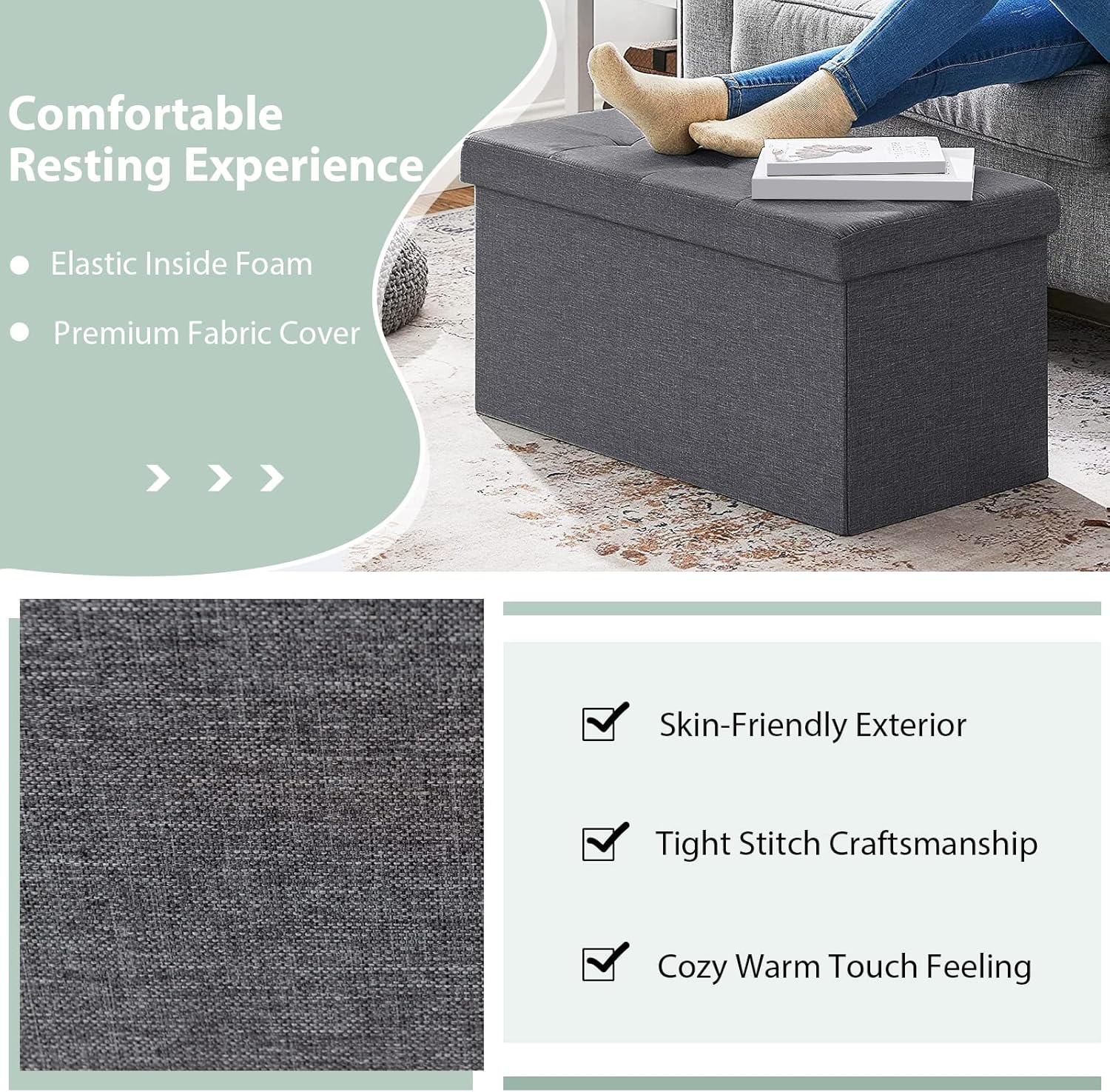 Giantex Storage Ottoman Footrest 31.5 Inch Fold-able Storage Organizers with Removable Storage Bin, Padded Seat for Living Room, Bedroom, Entryway