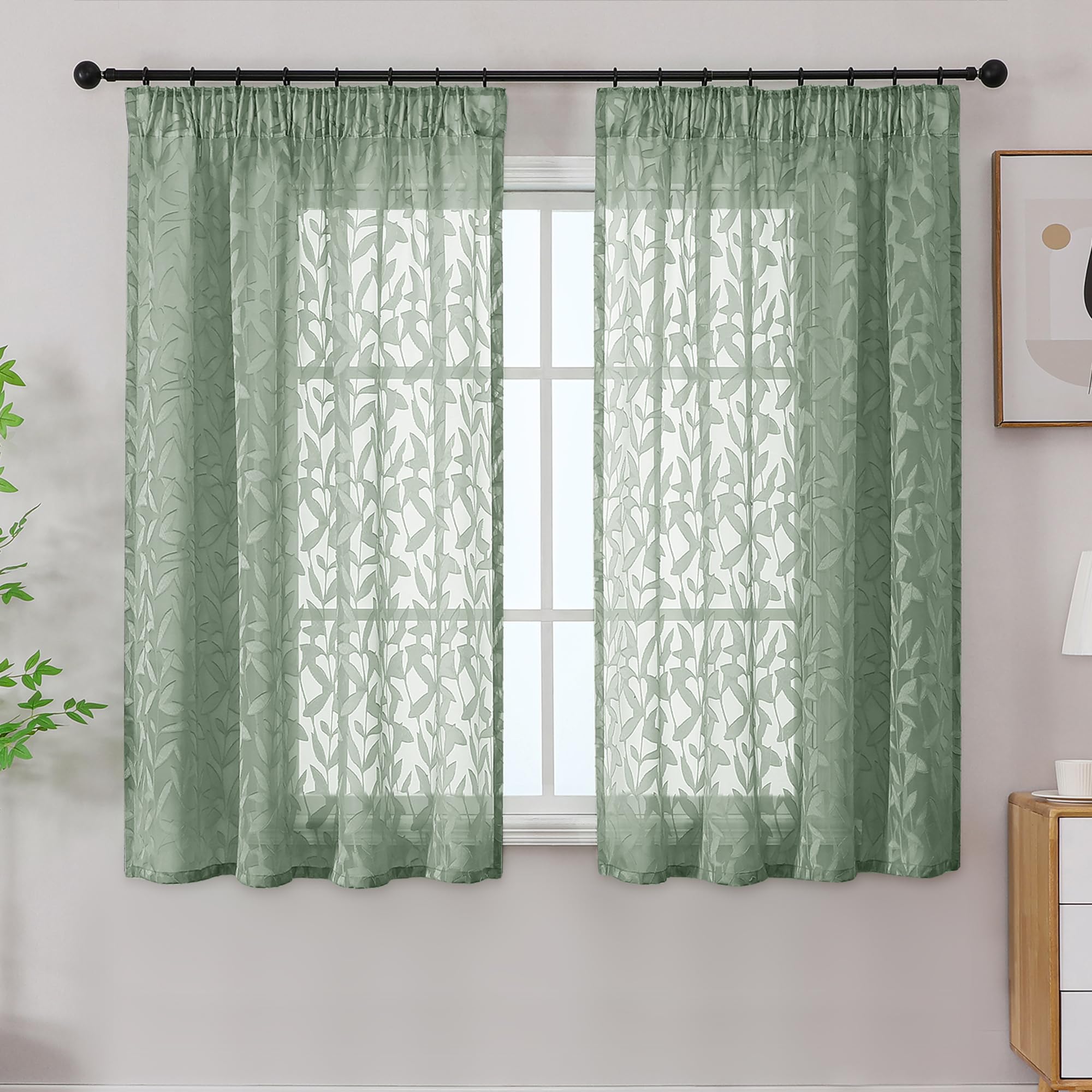 Simplebrand Sage Green Sheer Curtains 2 Panels W140 x L137cm, Leaf Clip Jacquard Voile Curtains, Pencil Pleat Semi-Sheer Window Drapes for Living Room Bedroom Kitchen Home Decor