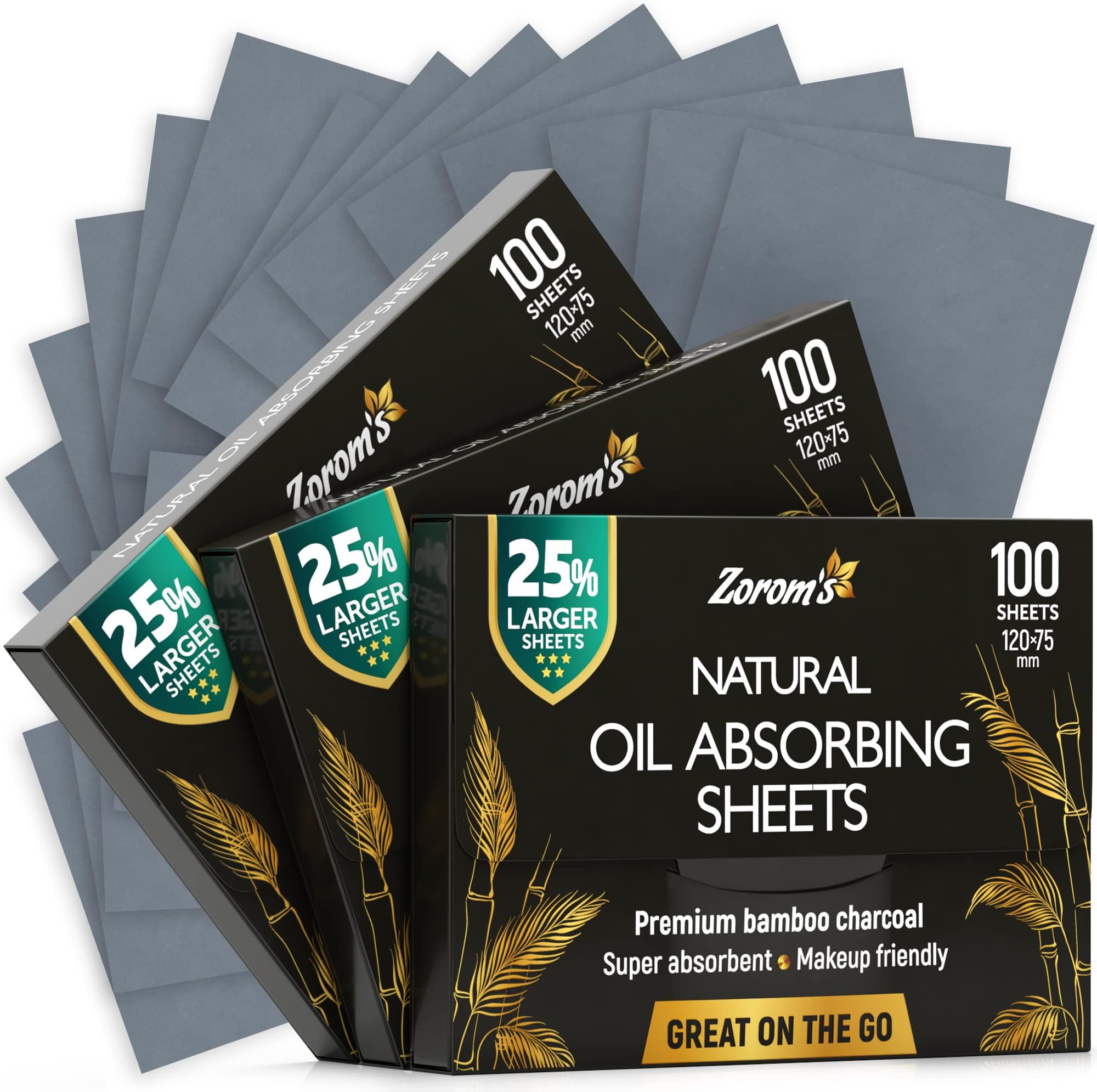 Natural Bamboo Charcoal Blotting Paper - 300 Super Large & Absorbent Sheets (120x75mm) - Make Up Friendly - Easy Take Out Design - Oily Skin Care (100 sheets/pack, 3 Pack)