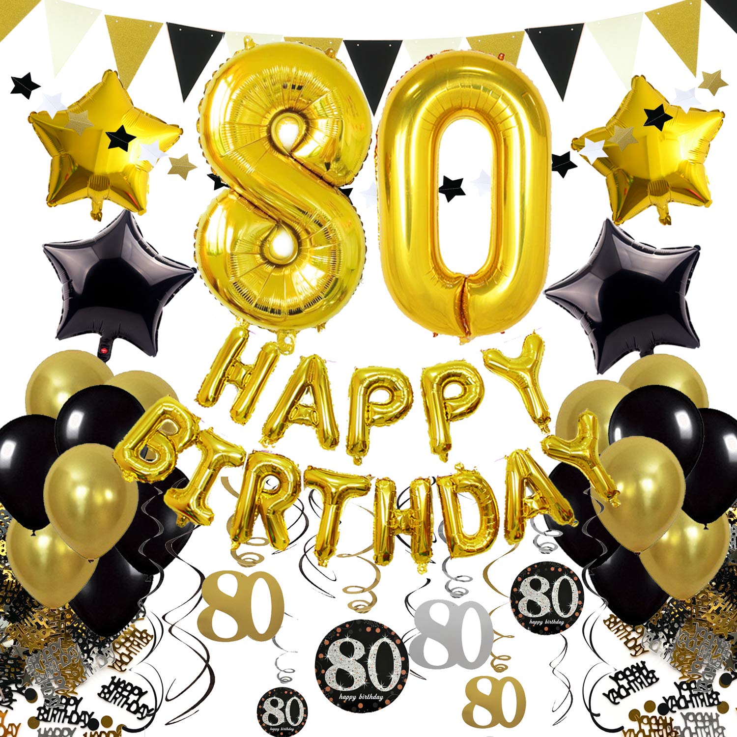 ZERODECO80th Birthday Decorations, Black Gold Happy Birthday Balloons Number 80 Star Foil Balloons Birthday Confetti Triangular Garland Star-shaped Banner Hanging Swirls for Birthday Party Supplies
