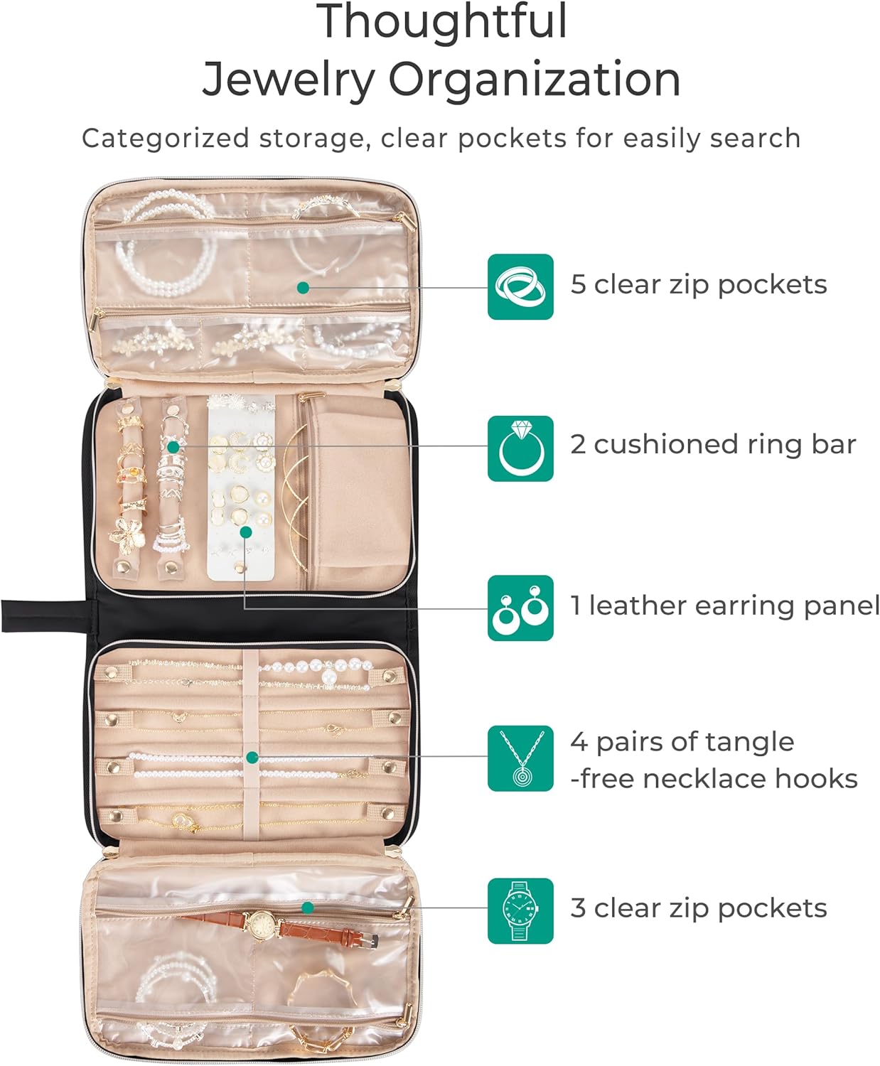 Travel Jewelry Case Organizer with Zipper, Foldable Jewelry Bag for Earrings, Rings, Necklaces, Bracelets, Brooches, Black - Image 5