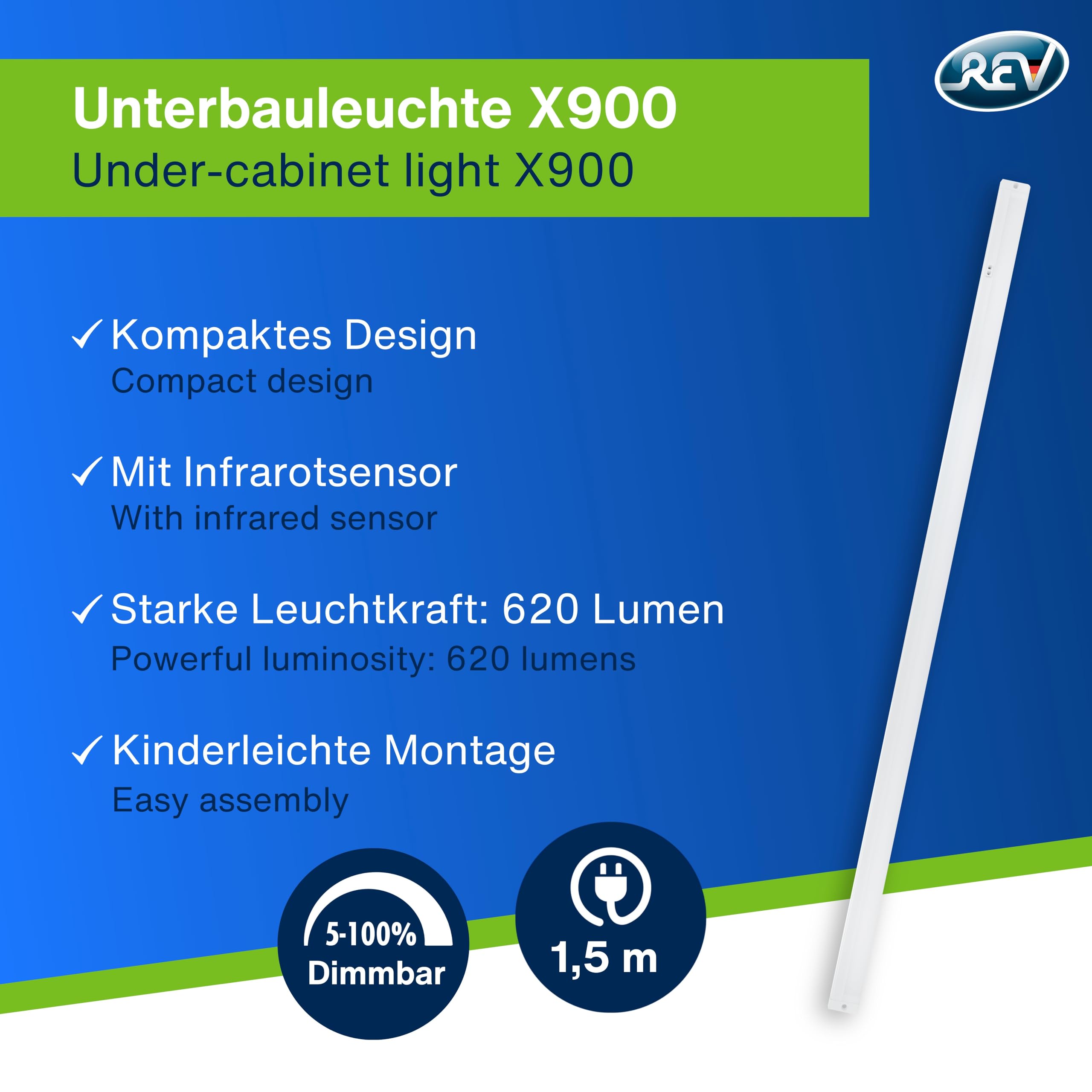 REV Illuminazione per armadio da cucina a LED, 90 cm, 8 W, 620 lumen, 3000 K, illuminazione da cucina piatta con sensore, montaggio facile, bianco