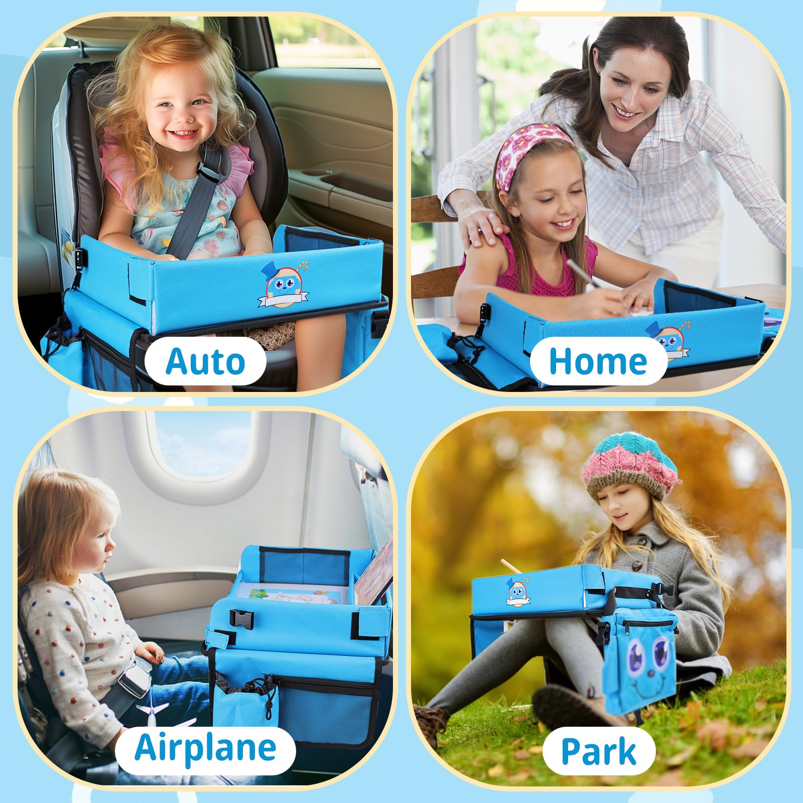Plateau de voyage, plateau de siège auto avec surface de dessin effaçable transparent, plateau d'activité multifonctionnel avec 6 stylos et 5 cartes à dessin