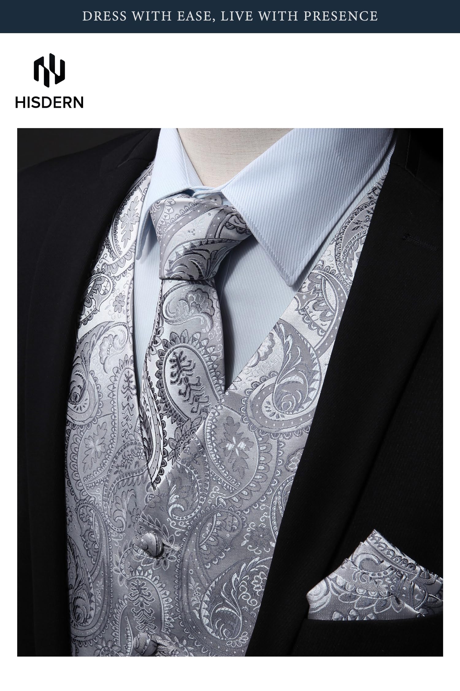 HISDEREN Hommes Paisley Gilet Floral Jacquard cravate poche carre mouchoir fete de mariage affaires Fit gilet costume ensemble XS-6XL