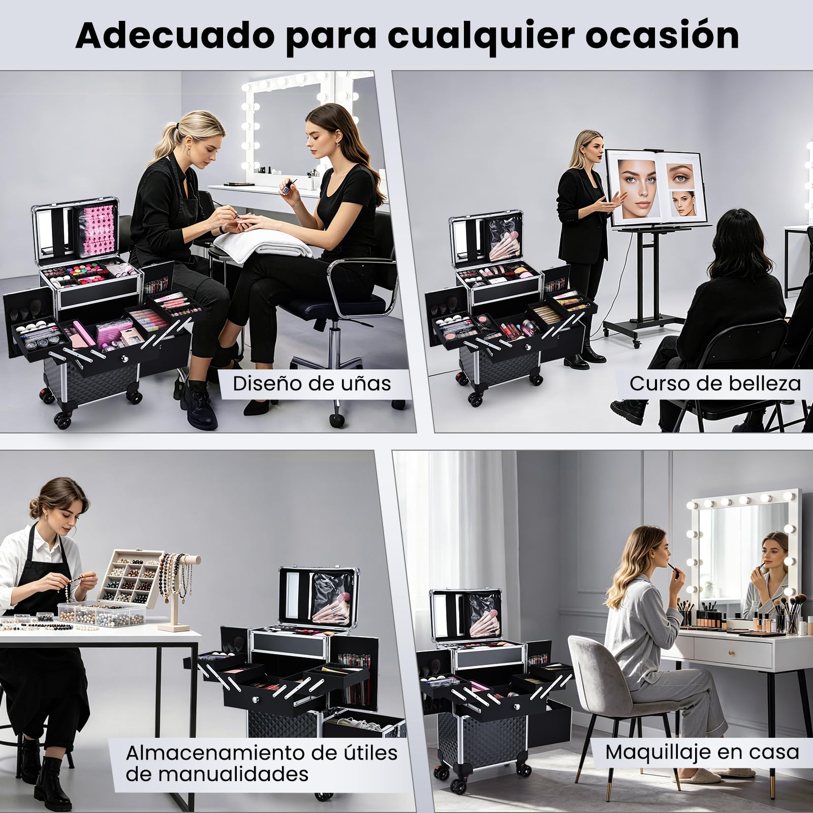 Maleta de Maquillaje con Ruedas Profesional, Maletín de Manicura y Peluquería con Espejo, Cajón Deslizante y Asa Telescópica, Ruedas 360° con Freno, Organizador de Belleza para Salón o Viaje, Negro