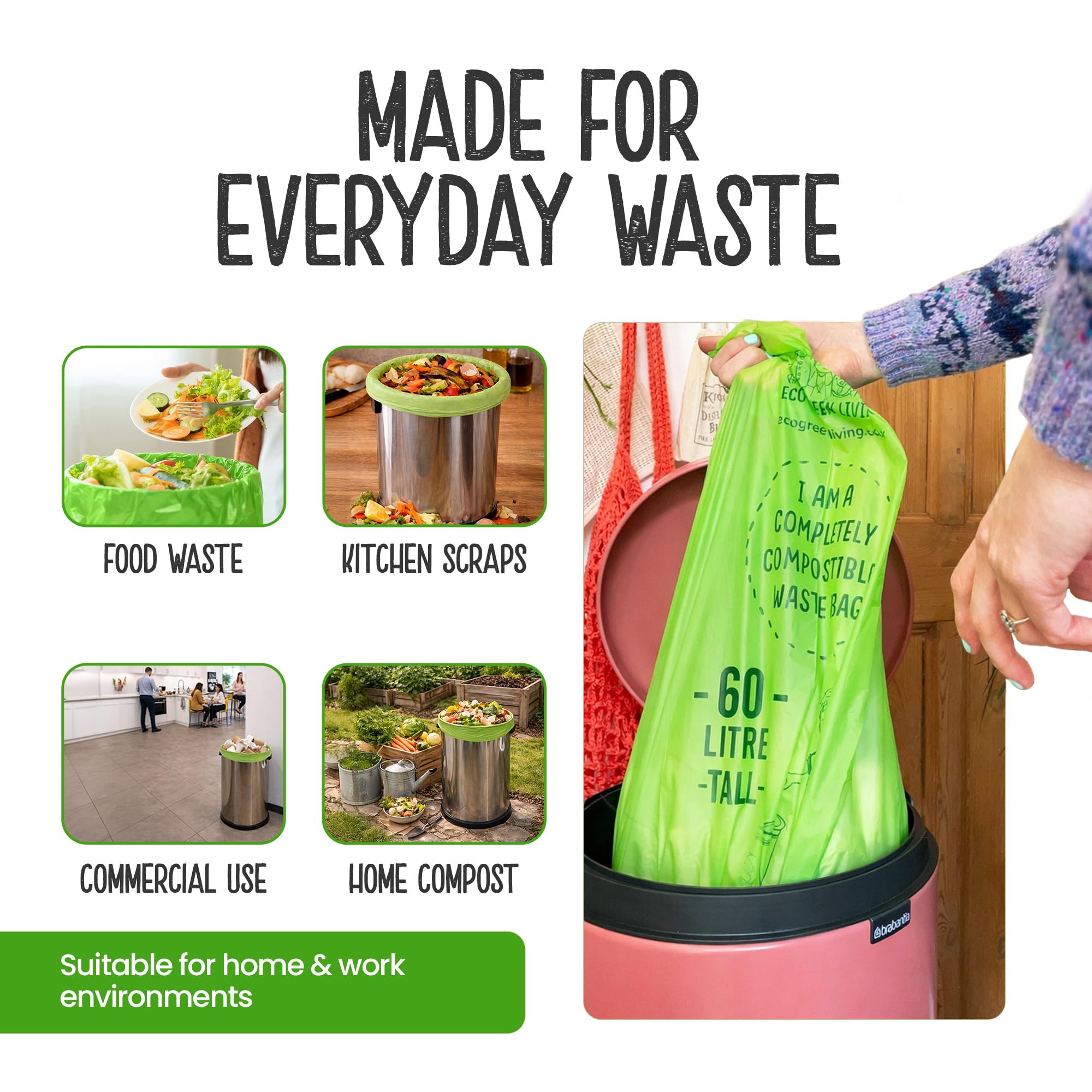 Eco Green Living Sacchi per la spazzatura biodegradabili e compostabili al 100%, 60 litri, per rifiuti alimentari, sacchi alti resistenti,a prova senza BPA, riciclabili, 6 rotoli, 60 sacchetti