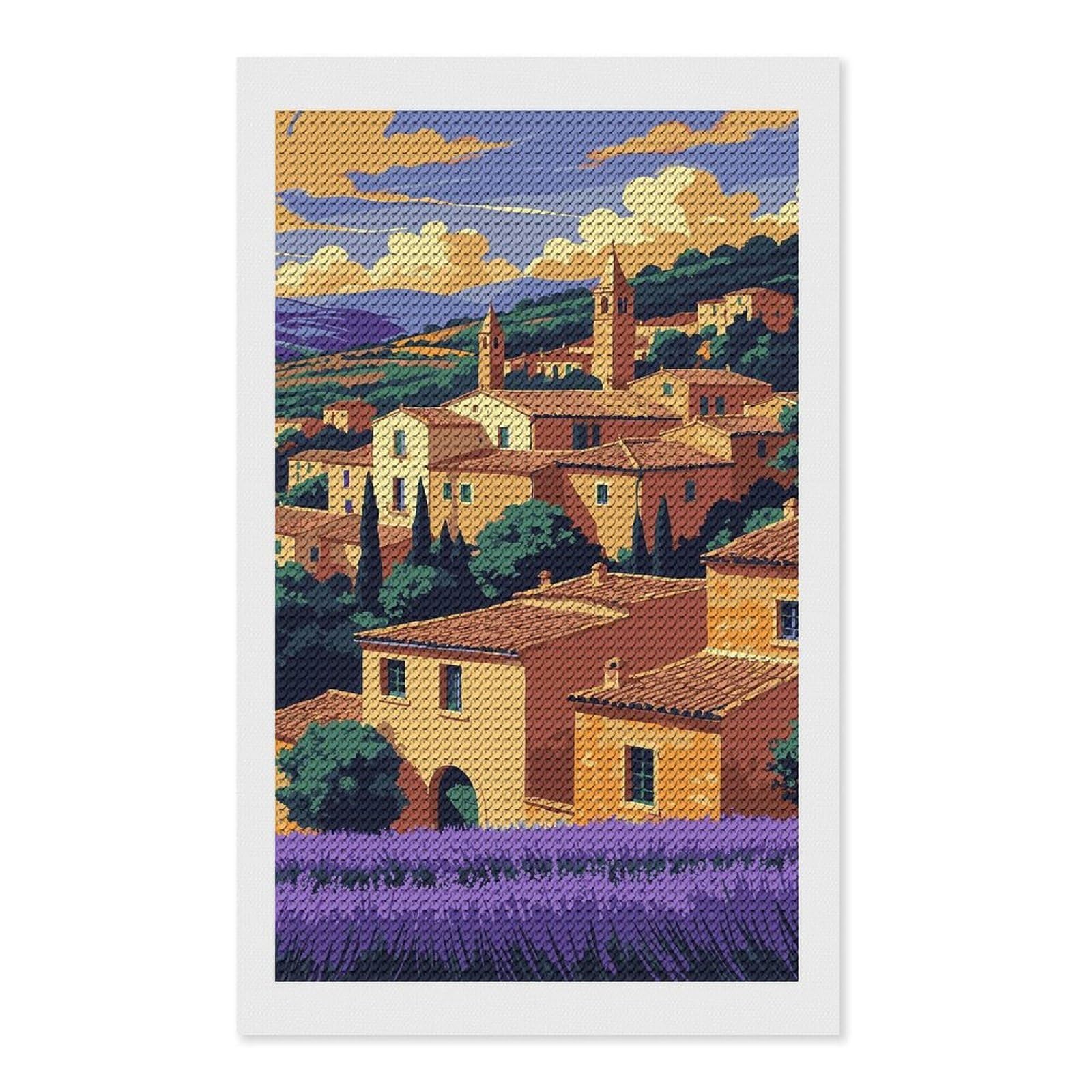 Junmoney Picturesque Village Landscape with Lavender Field Full Drill Diamond Painting Kit 12"x20", for Teens, Adhesive Canvas, Bedroom Decor, Holiday Gift Idea
