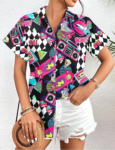 Miniatura 5 de Trajes de los años 80 y 90 para mujer, camisa retro de fiesta de discoteca de los 80, camiseta de manga corta con botones, blusa de los años 90,