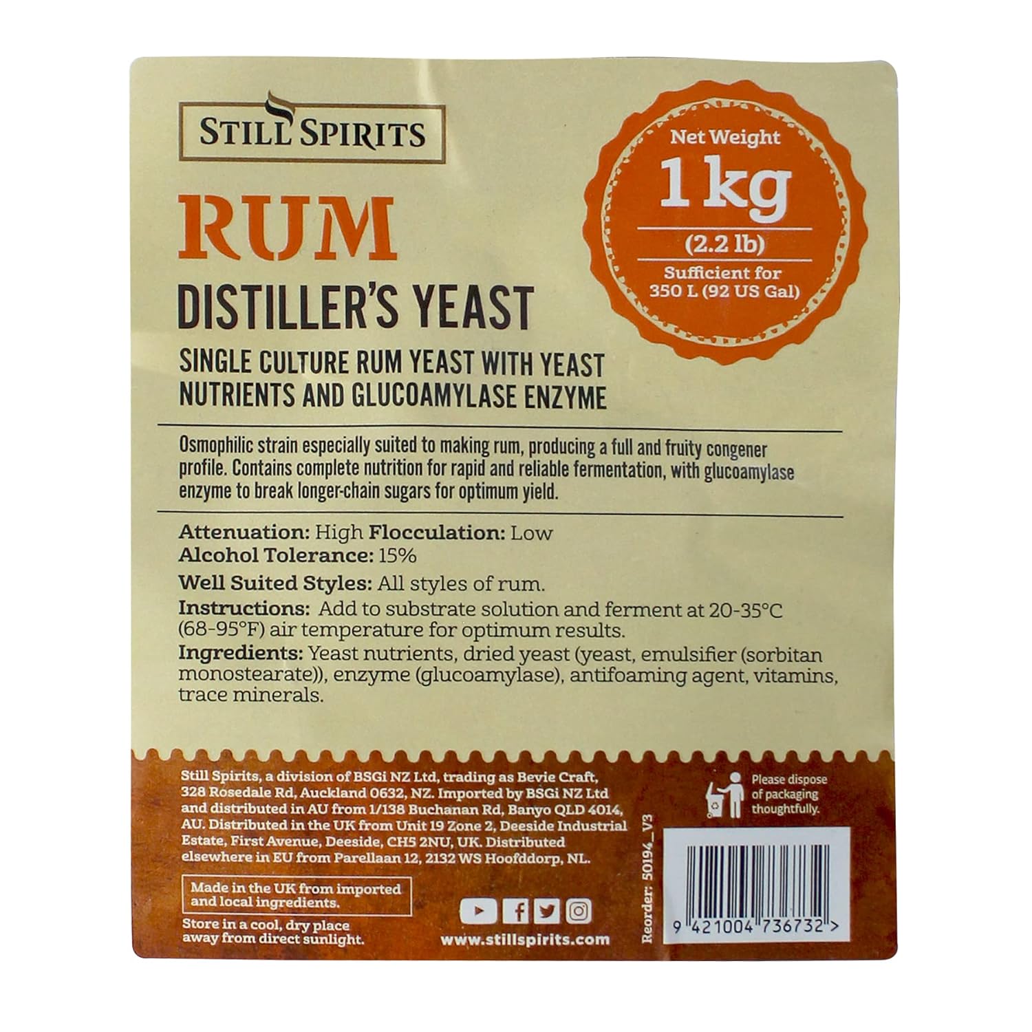 STILL SPIRITS RUM DISTILLER'S YEAST 1 Kilogram Makes 92 gallons of Rum Mash