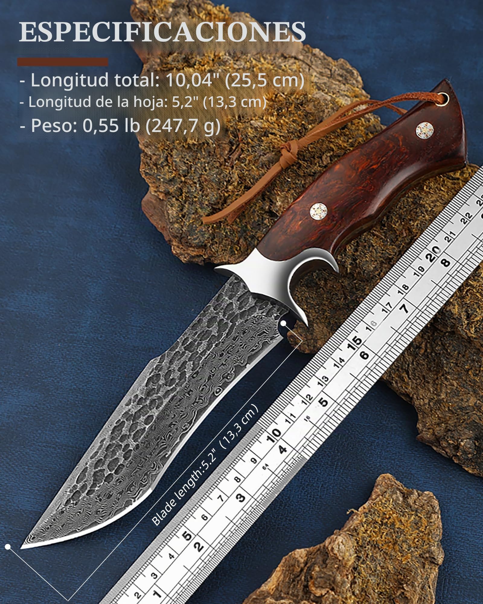Omesio Cuchillo Damasco Forjado a Mano con Funda de Cuero Mango de Madera | Diseño de estilo japonés, ideal para camping, senderismo y actividades al aire libre.