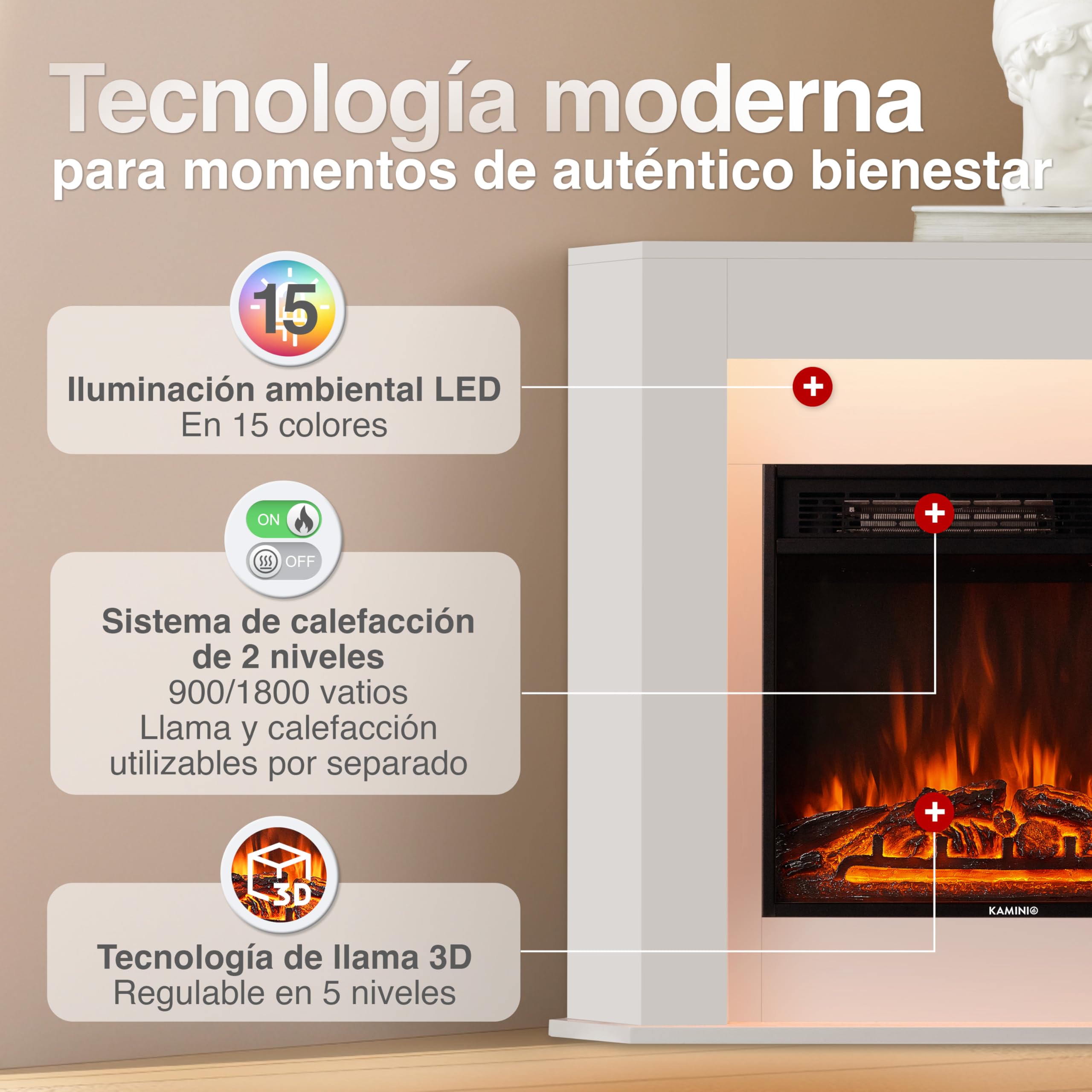 KAMINIO Chimenea eléctrica Matti - Chimenea eléctrica de Esquina con calefacción, Efecto de Llama 3D, Luz Ambiental LED, Control Remoto - Esquina (Blanco)