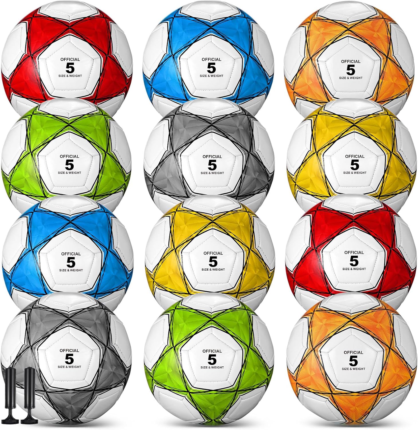 Deekin 12 Pcs Soccer Balls Bulk with Pump Deflated Sizes 3, 4, 5, Official Size Sport Soccer Ball Training Ball for Kids Youth Adult Game Match School Training Accessories Party Gift