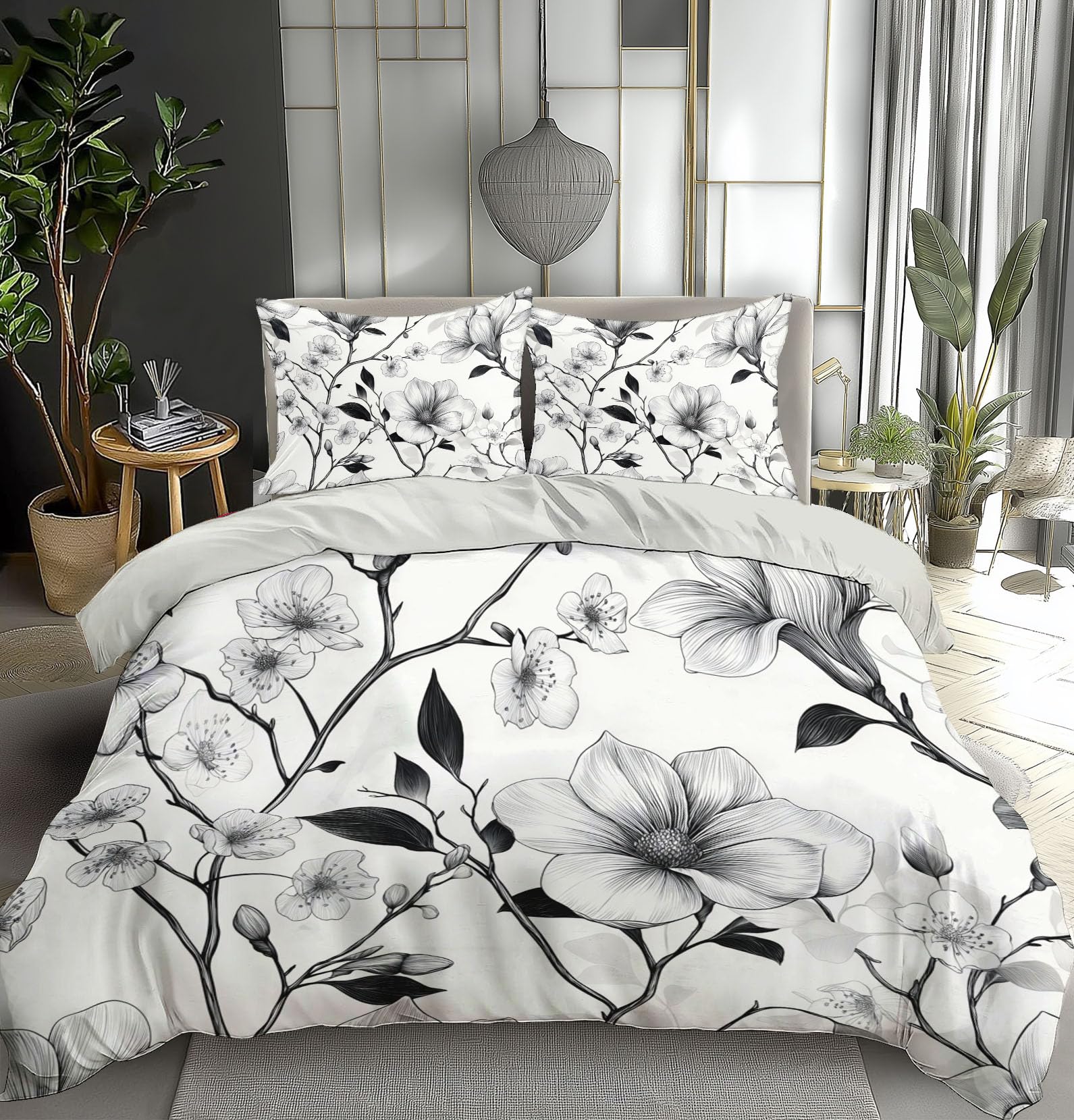 Housse de couette 220x240cm magnolia noir et blanc avec taies