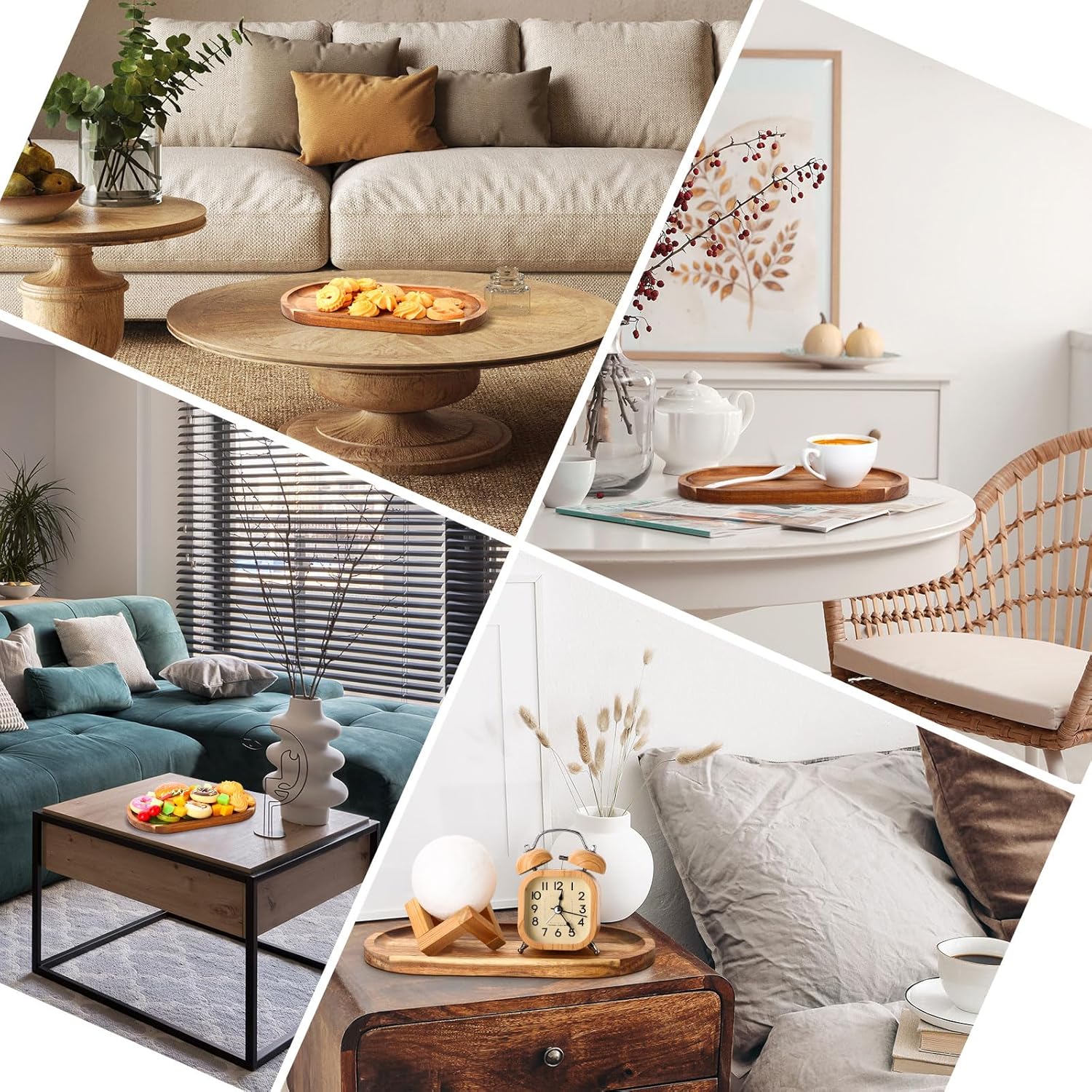 Yaomiao 4 Pcs Acacia Wooden Serving Tray Oval Shaped Rustic Wood Plates Large Decorative Natural Tray Serving Platter for Food Charcuterie Cheese Dish Bread Fruit Kitchen(11 x 6 Inch)