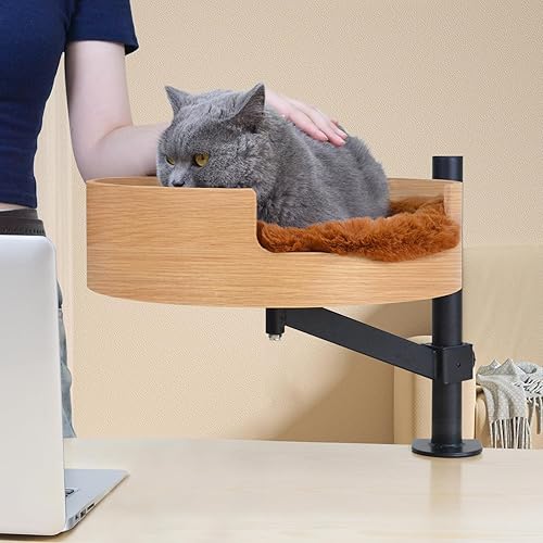 Cat Bed Desk with Built-in Wooden Basin and Cushion for Enhanced Comfort While Your Feline Friend naps or lounges
