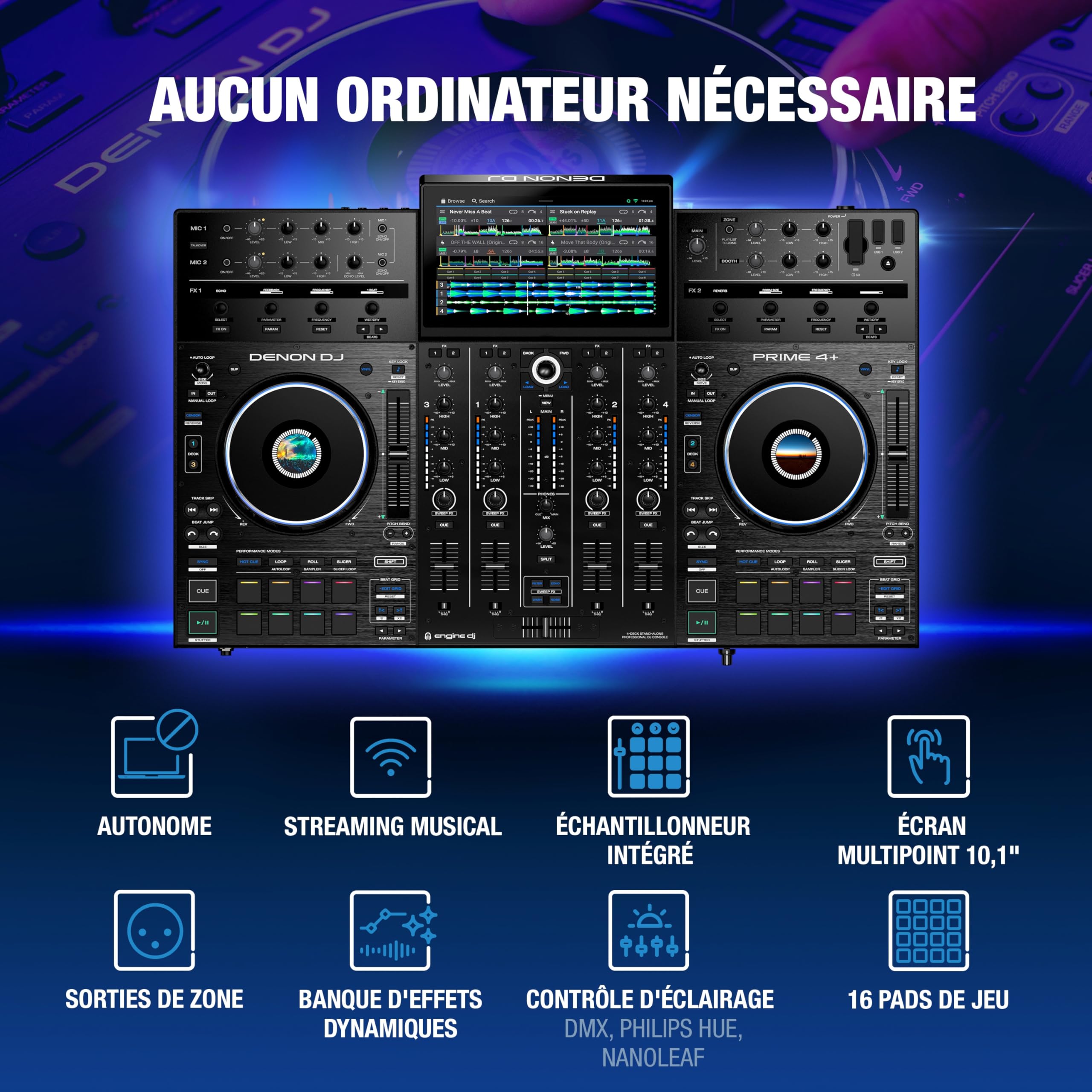 Denon DJ PRIME 4+ Contrôleur DJ Autonome avec Séparation Stem Sur 4 Platines, Streaming Wi-Fi, Drop Sampler, Écran Tactile 10.1", Contrôle Éclairage, Noir
