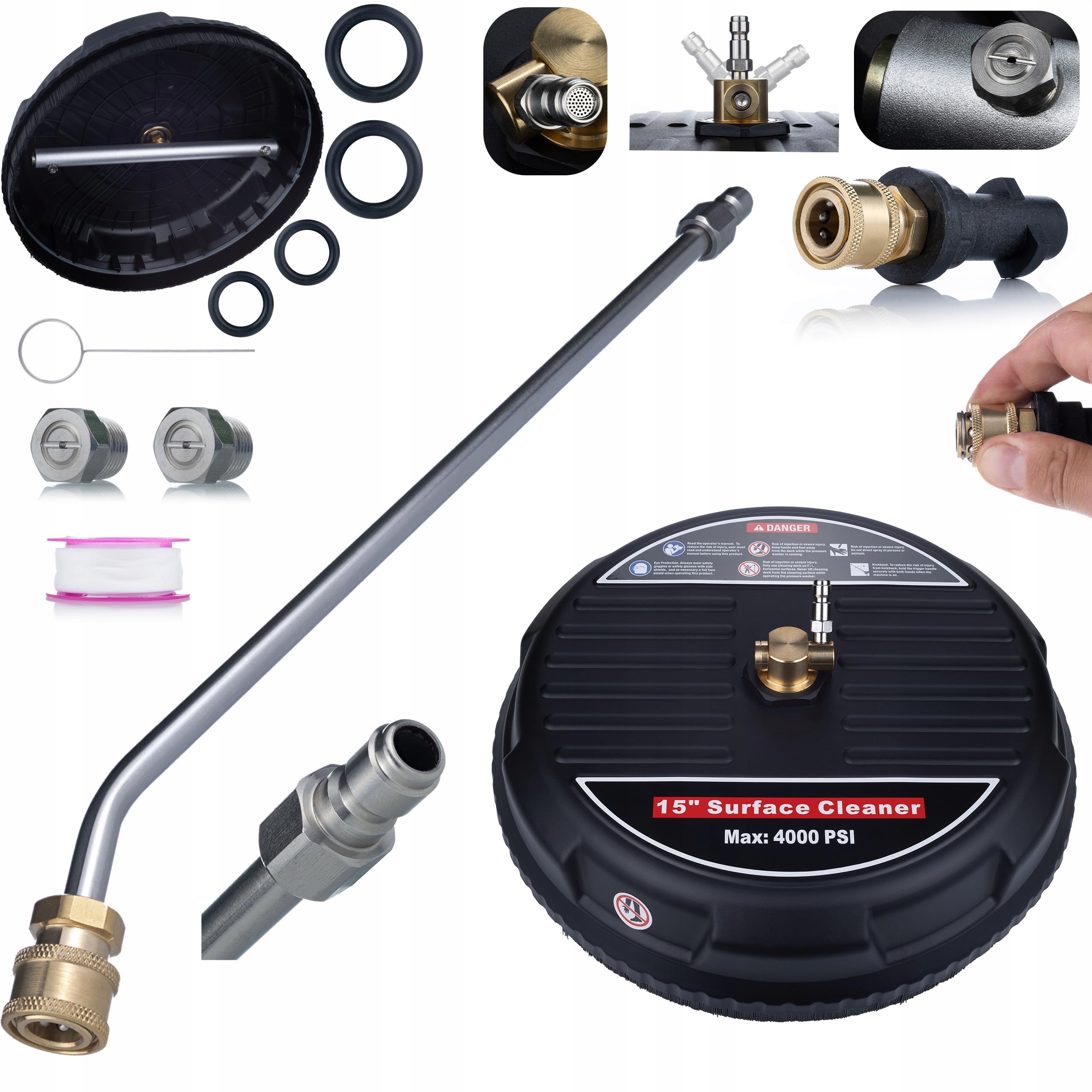 Rosfix Kit T-Racer 15" + Lanza 70 cm 30° + Adaptador – Pieza de repuesto para hidrolimpiadora Karcher K2-K7 | Acoplamiento rápido de 1/4" | Limpieza de terrazas y pavimentos | Cepillo giratorio