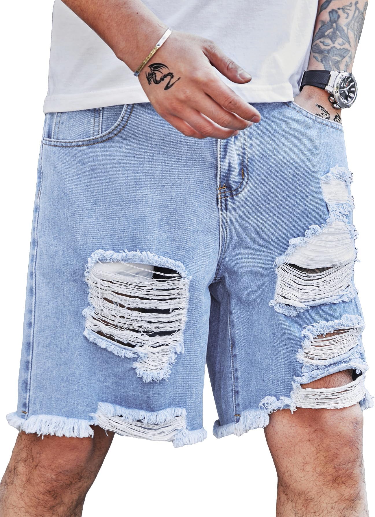 Men's Ripped Bermuda Denim Shorts Straight Leg Jean Jorts with Pockets Light Blue Medium