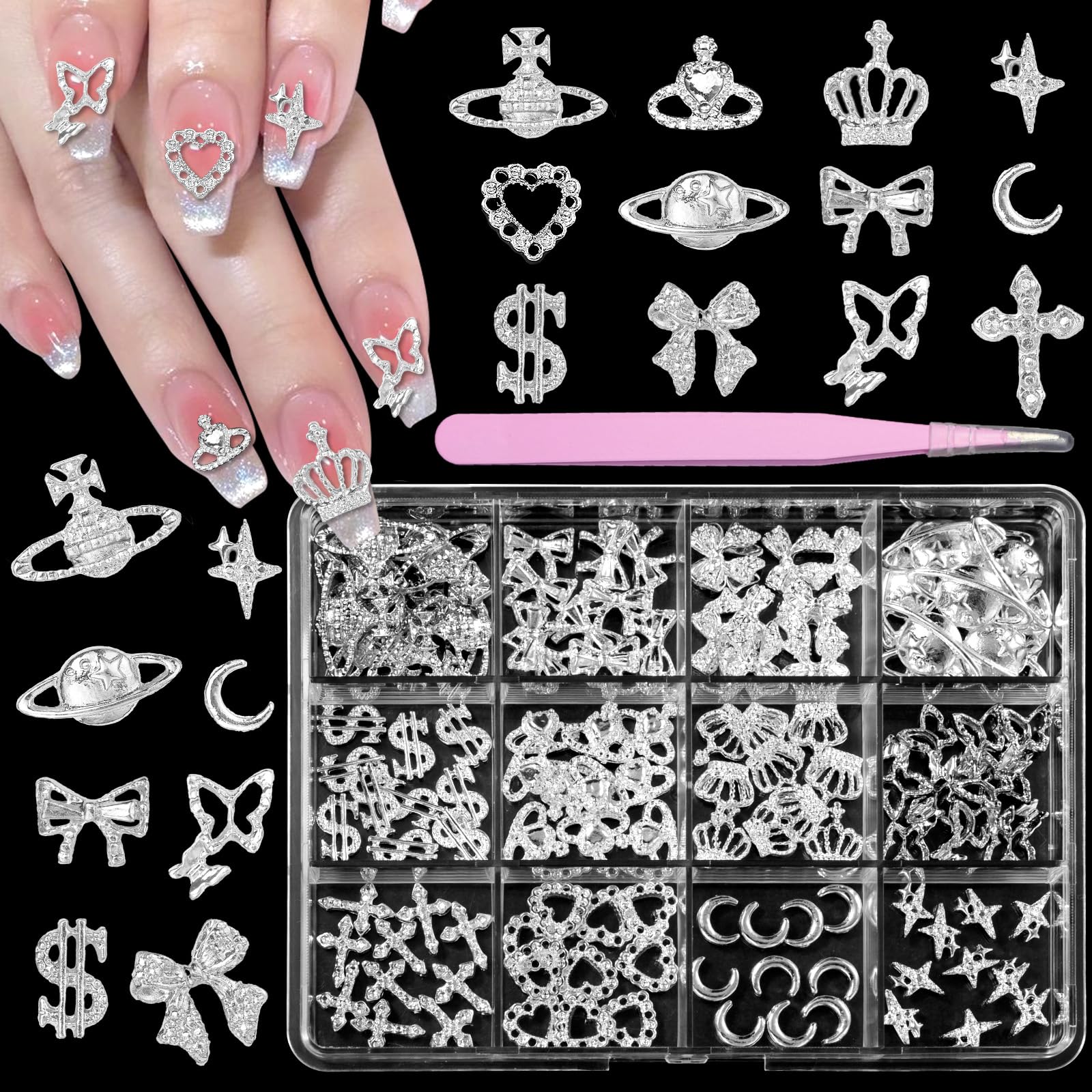 120 Pcs 12Styles 3D Silver Alloy Nail Charms Kit, Dollar Crown Butterfly Nail Gems Charms, Shiny Bows Planet Cross Heart Nail Charms Moon Star Charms