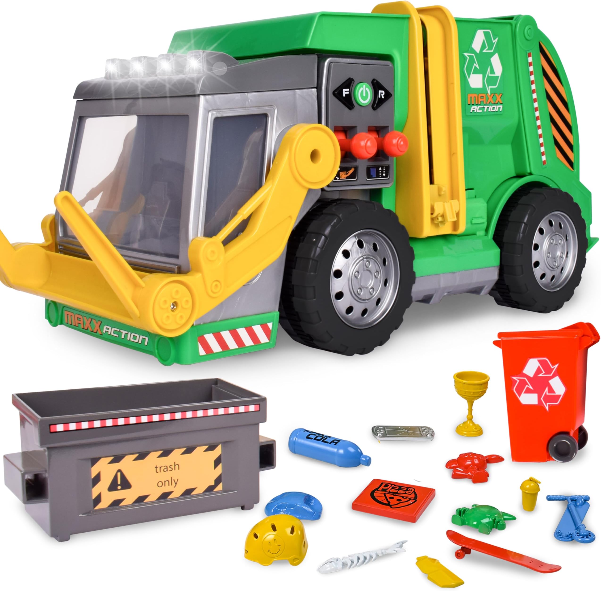 Large Electric 19" Maxx Action Garbage Truck Toy Set with Lights and Sounds Trash Can and Miniature Trash Can for Kids