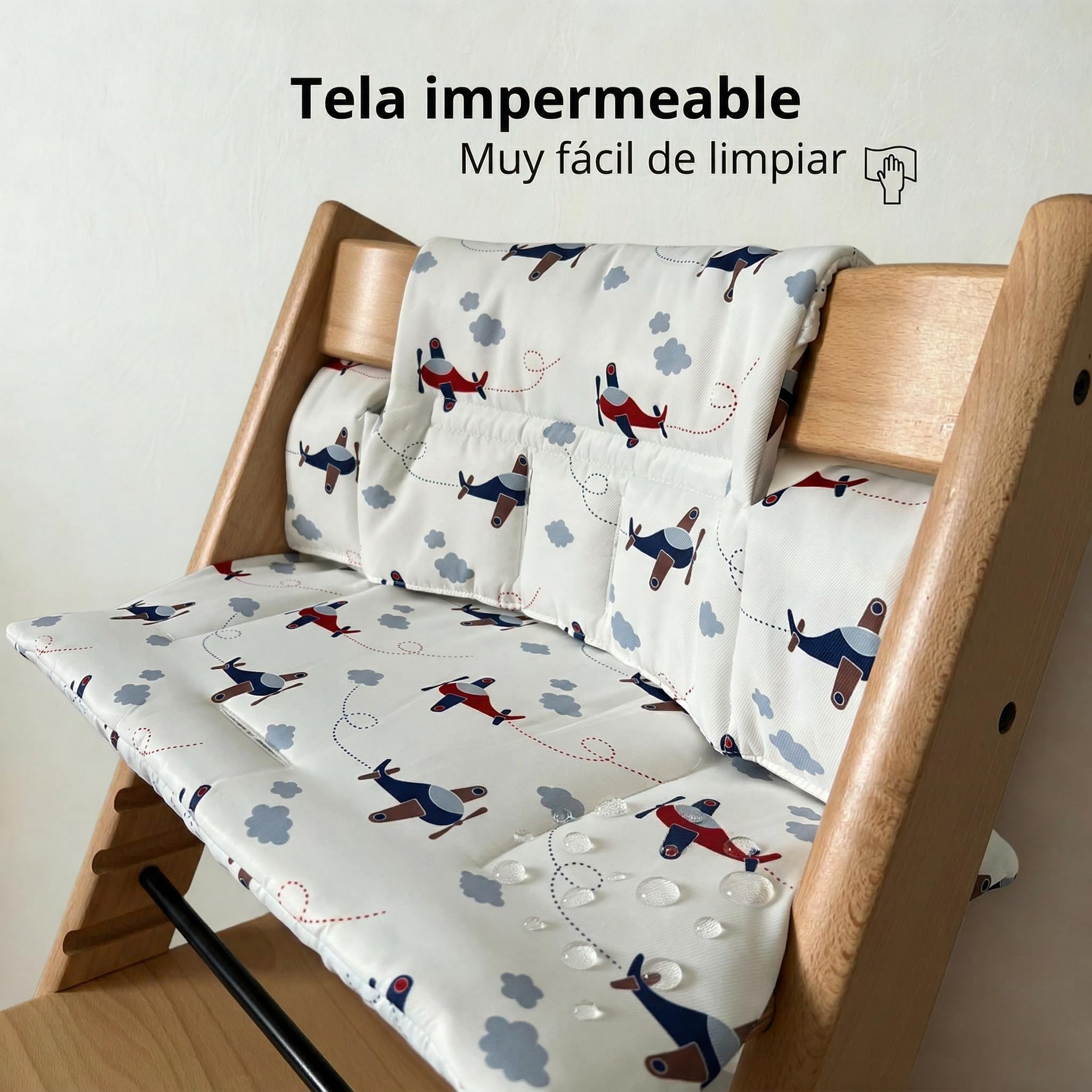 Cuscino per Seggiolone Bebè Compatibile con Stokke Tripp Trapp, Imbottito, Impermeabile, Lavabile, Fodera Antiscivolo HANELLE (Aerei)
