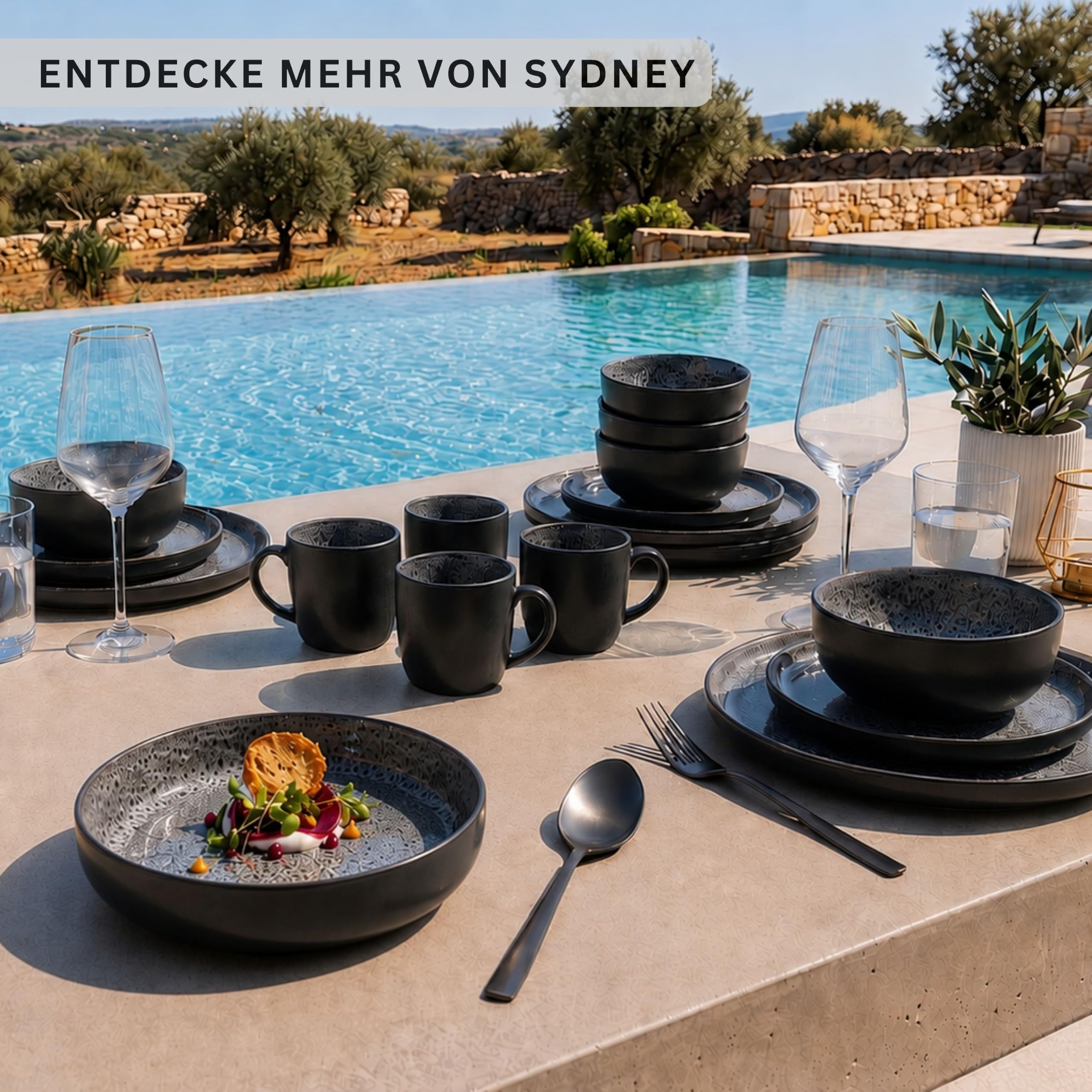 SÄNGER Sydney | Kombiservice 6 Personen, Teller Set Kaffeebecher Pastaschale 30 tlg, Steingut Geschirr Set spülmaschinen- mikrowellen- kratzfest, Geschirrset aus Steingut dunkel grau| VALUE COLLECTION