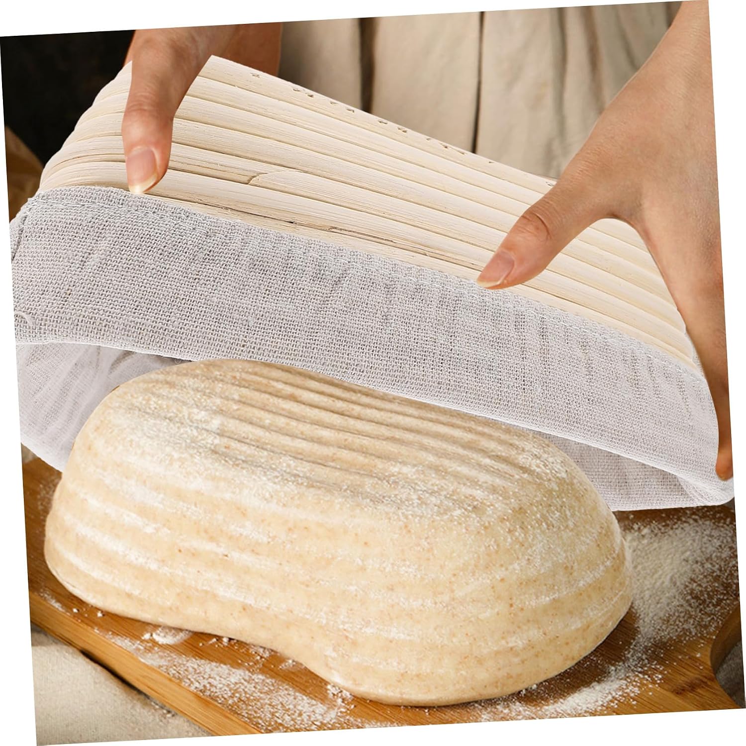 BESTOYARD Triangular Bread Proofing Basket with Khaki Cotton Liner, Handwoven Rattan Dough Rising Basket 23x23x8cm for Artisan Bread Baking and Home Bakery Supplies
