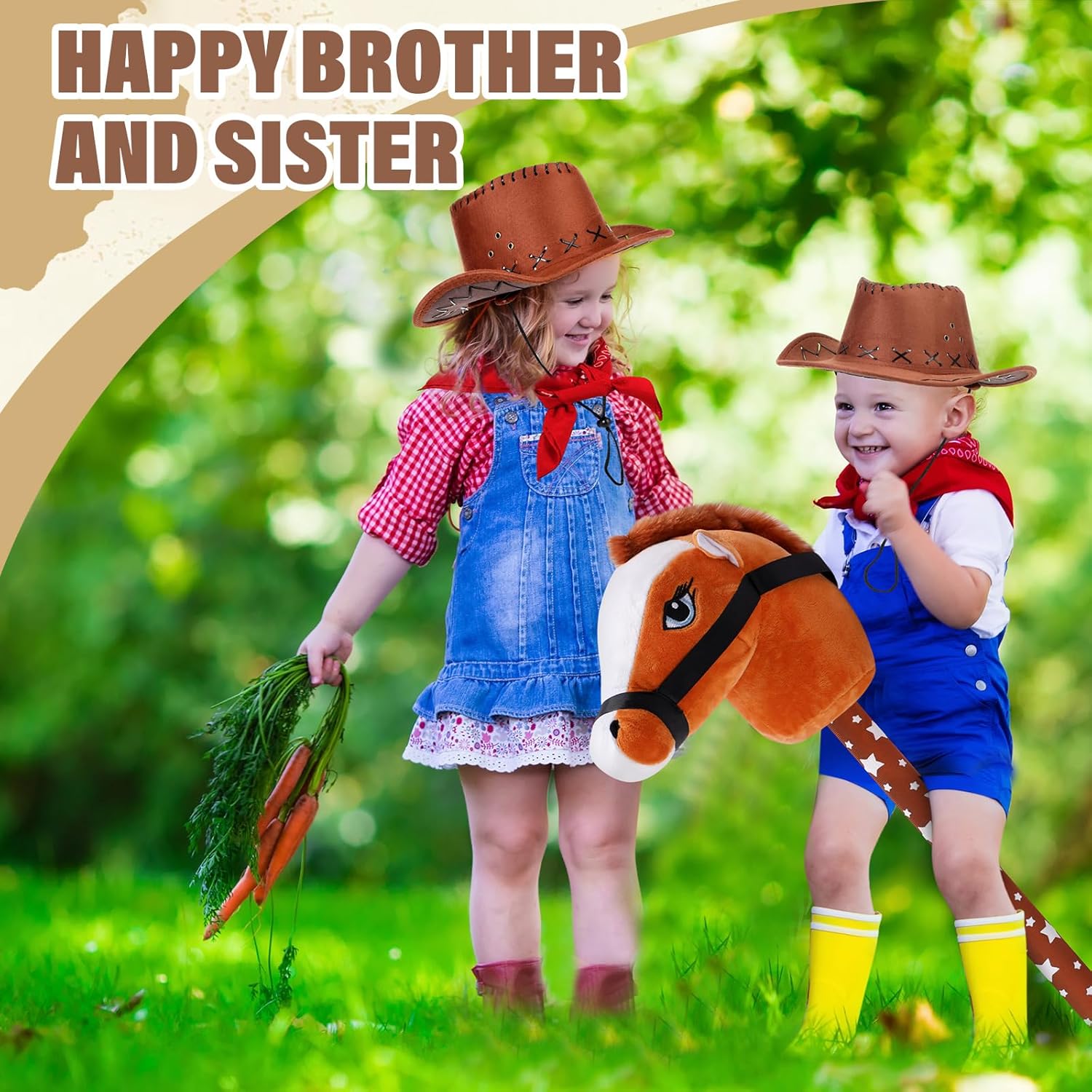 Poen 4 Pack Light Brown Horse Stick with Sound Red Bandana Set 27.6'' Toys Stick Horse Western Cowboy Bandana Head with Neighing Sound for Boys Girls Fun Pretend Games Son Daughter